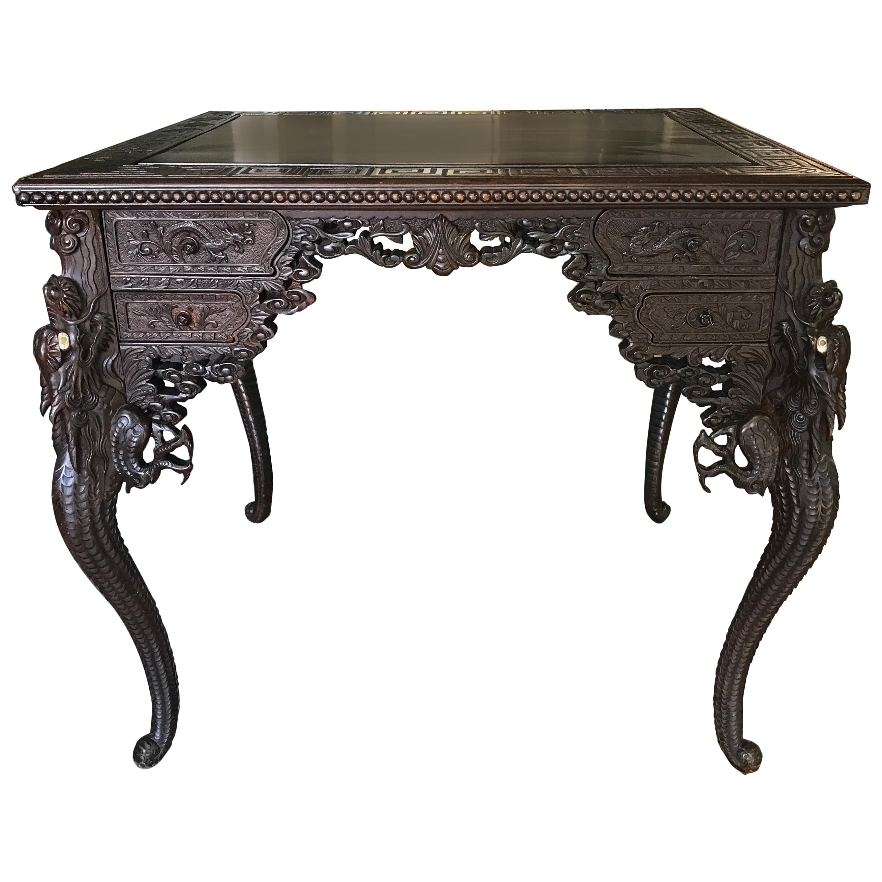 Meiji Period Japanese Carved Dragon Motif Desk