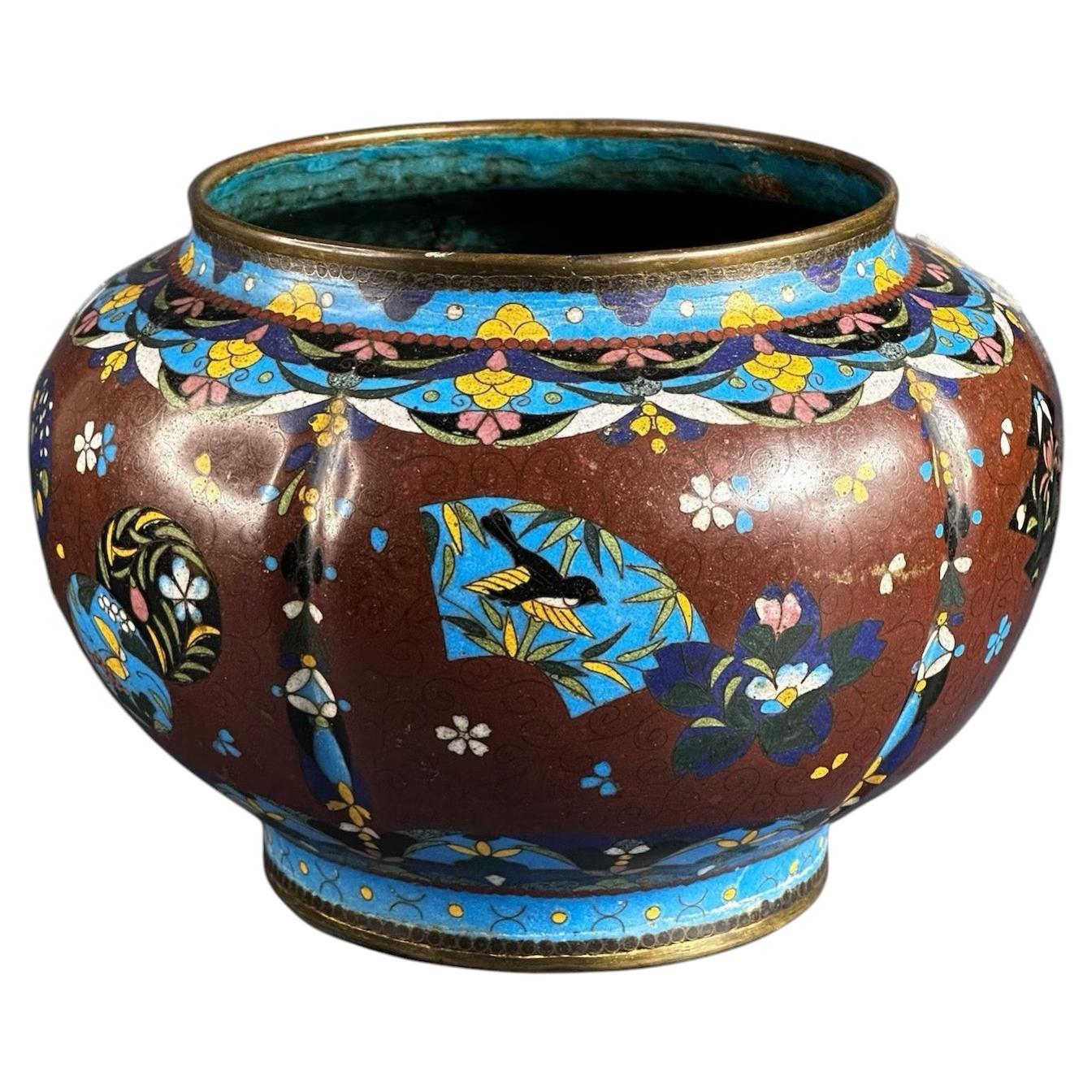 Meiji Period Japanese Cloisonné Cache-Pot - 7.8 in