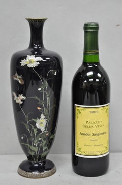 Meiji Period Japanese Cloisonne Enamel Dark Blue Daisy & Butterfly Tall Urn Vase