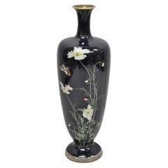 Meiji Period Japanese Cloisonne Enamel Dark Blue Daisy & Butterfly Tall Urn Vase