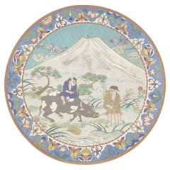 Meiji Period Japanese Cloisonne Enamel Plate Featuring Water Buffalo Mt Fuji