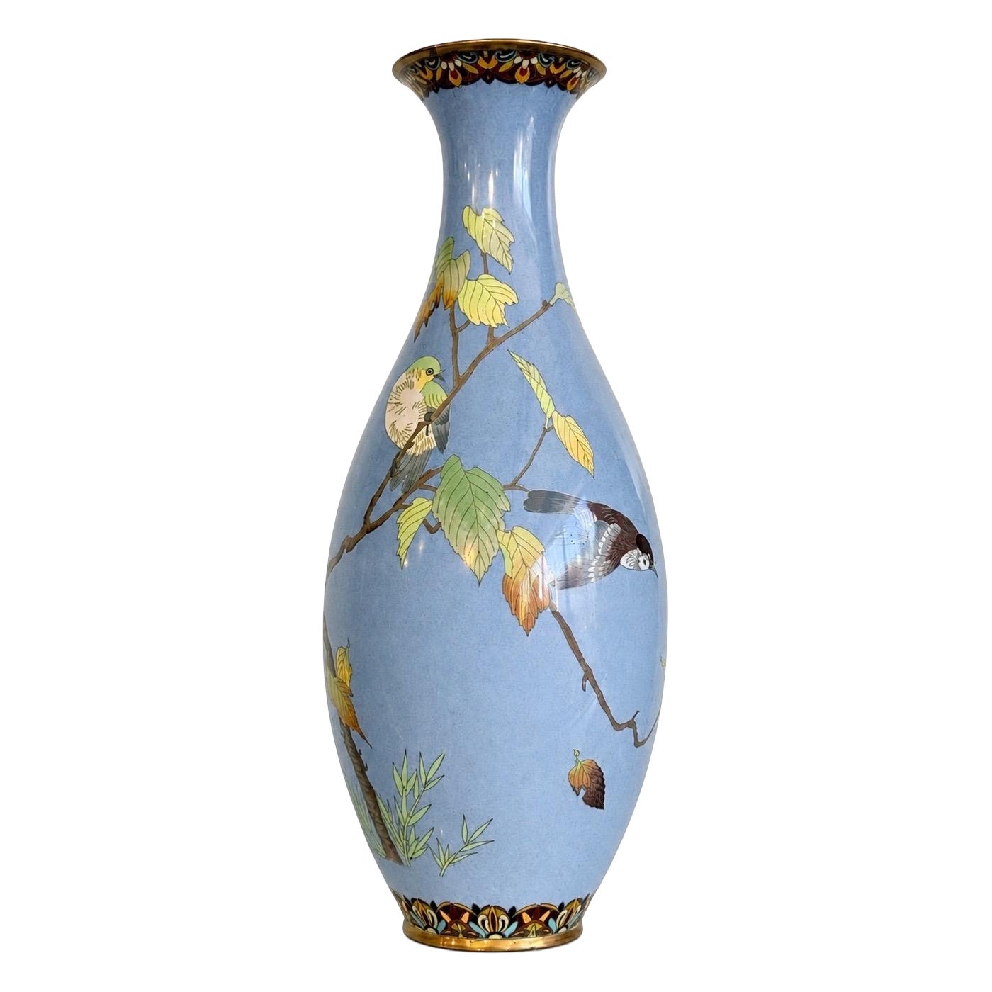 Meiji Period Japanese Cloisonne Enamel Vase with Birds and Autumn Leaves Nagoya