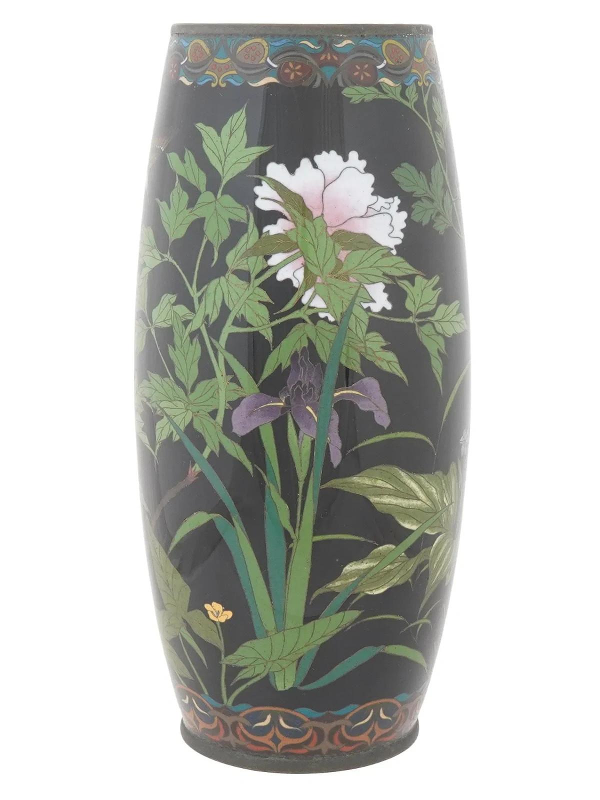 Cloissoné Meiji Period Japanese Cloisonne Enamel Vase with Peonies Iris and Sparrows Goto For Sale