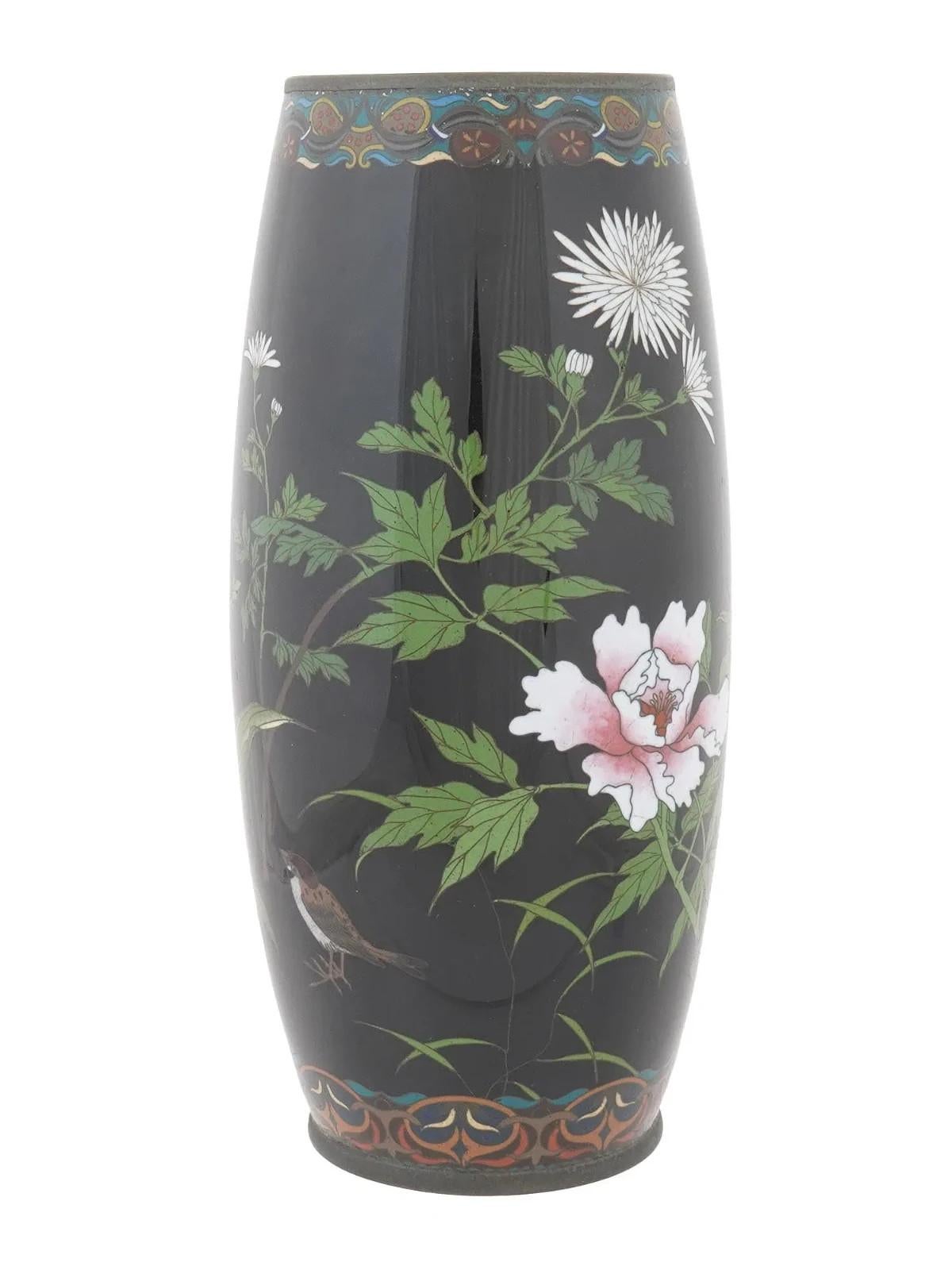 Meiji Period Japanese Cloisonne Enamel Vase with Peonies Iris and Sparrows Goto In Good Condition For Sale In Long Island City, NY