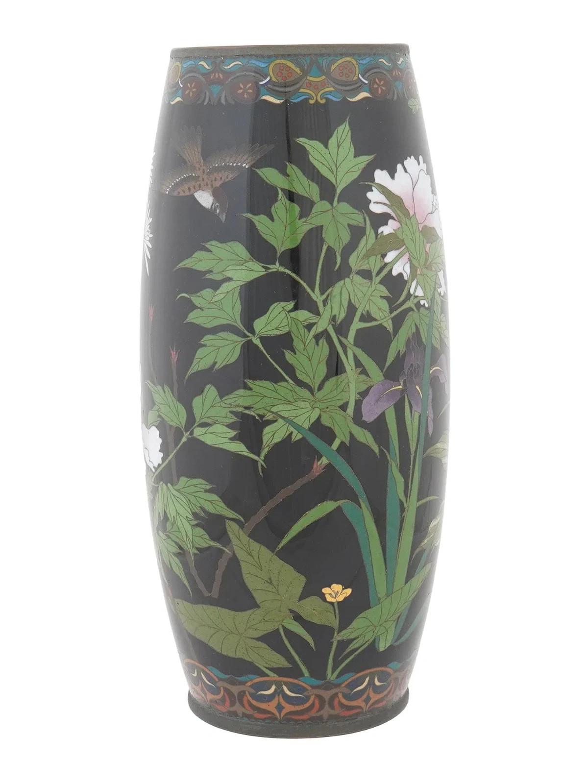 19th Century Meiji Period Japanese Cloisonne Enamel Vase with Peonies Iris and Sparrows Goto For Sale