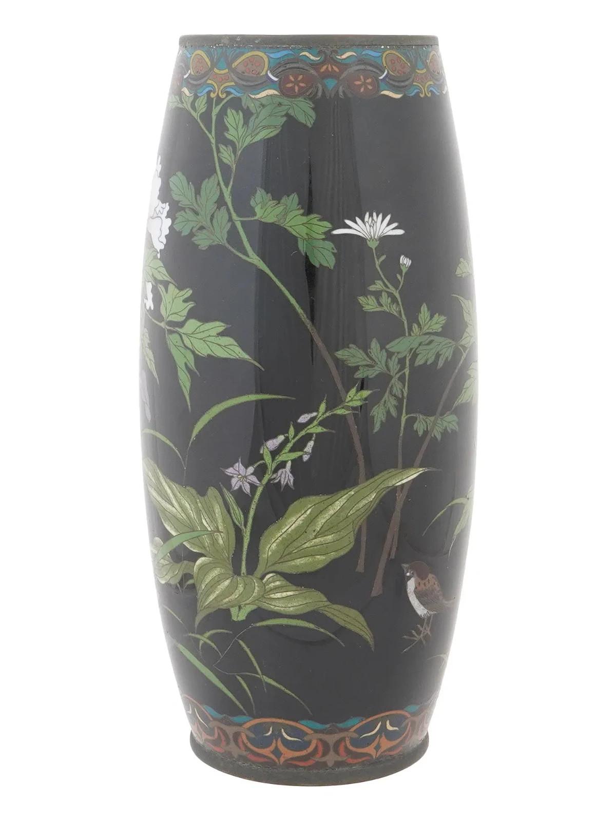 Meiji Period Japanese Cloisonne Enamel Vase with Peonies Iris and Sparrows Goto For Sale 1