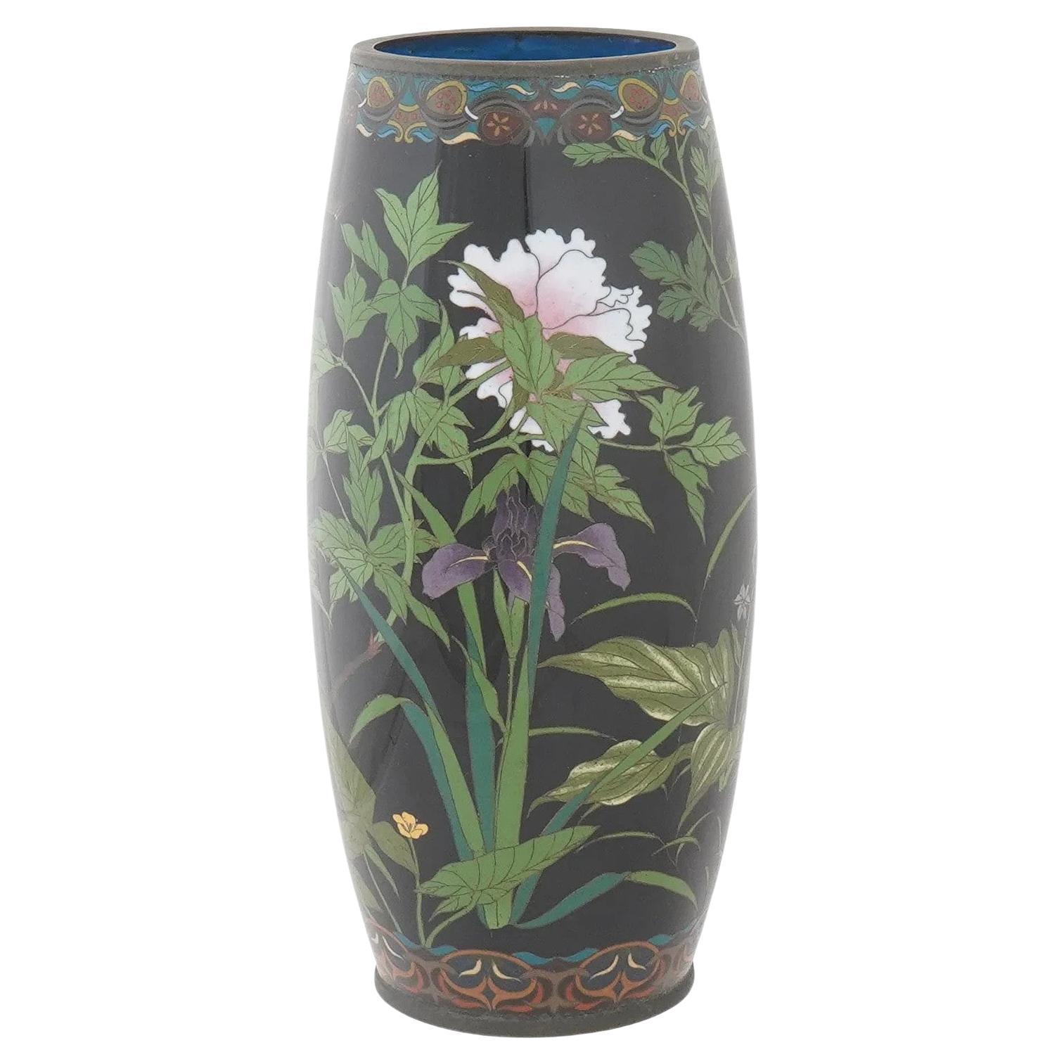 Meiji Period Japanese Cloisonne Enamel Vase with Peonies Iris and Sparrows Goto For Sale