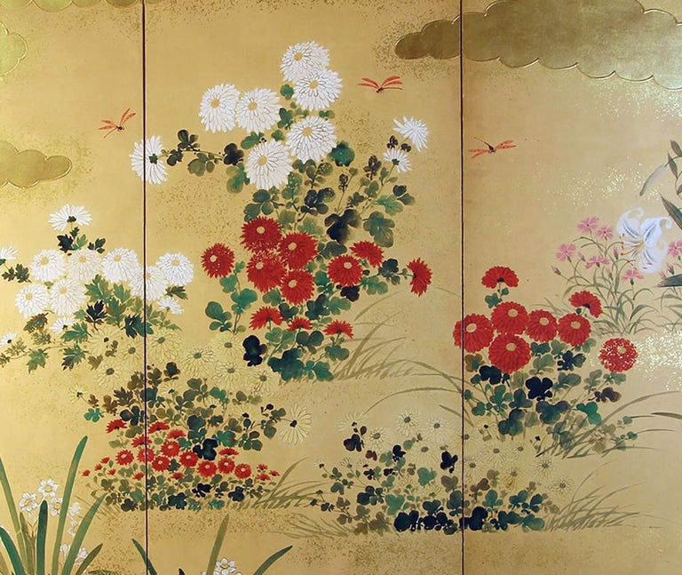 Meiji Period, Japanese Folding Screen Six Panels Painted Rise Paper