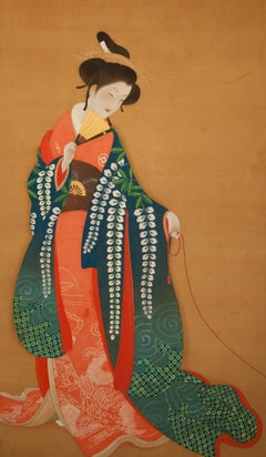 Meiji Period Japanese Four Panel Screen Bijin At Leisure