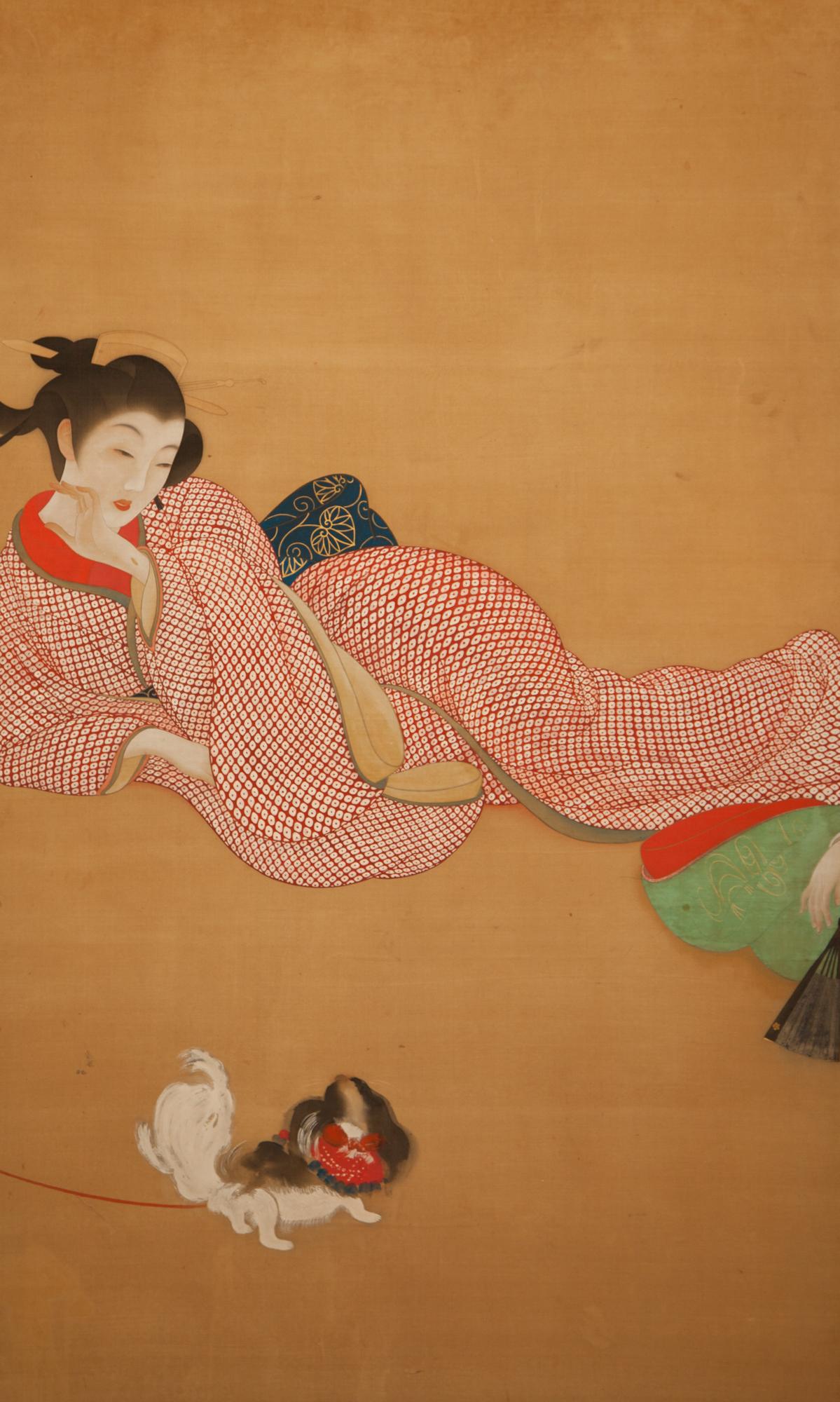 Japanischer Vier-Paneel-Raumteiler Bijin At Leisure aus der Meiji-Zeit (Meiji-Periode) im Angebot