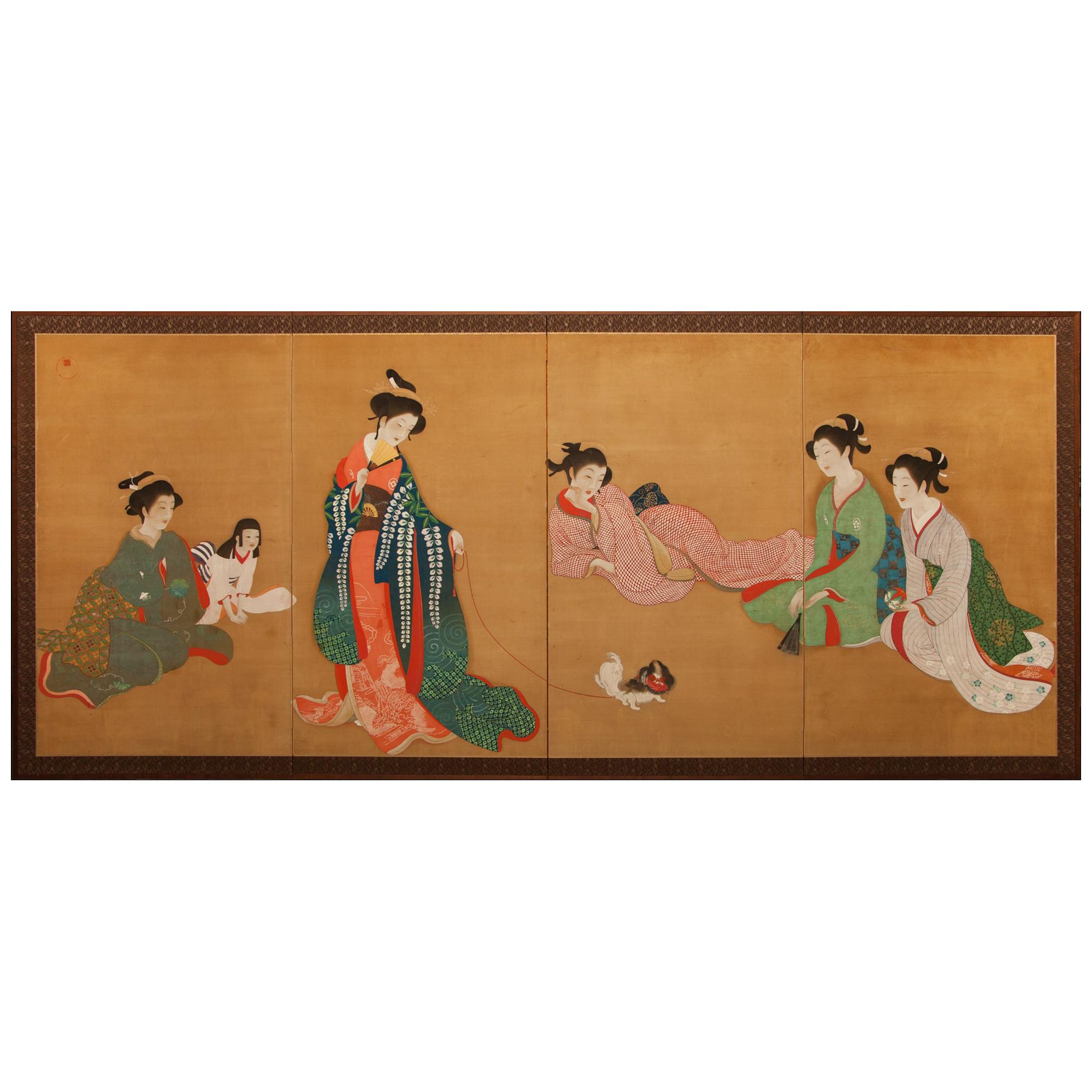 Meiji Period Japanese Four Panel Screen Bijin At Leisure