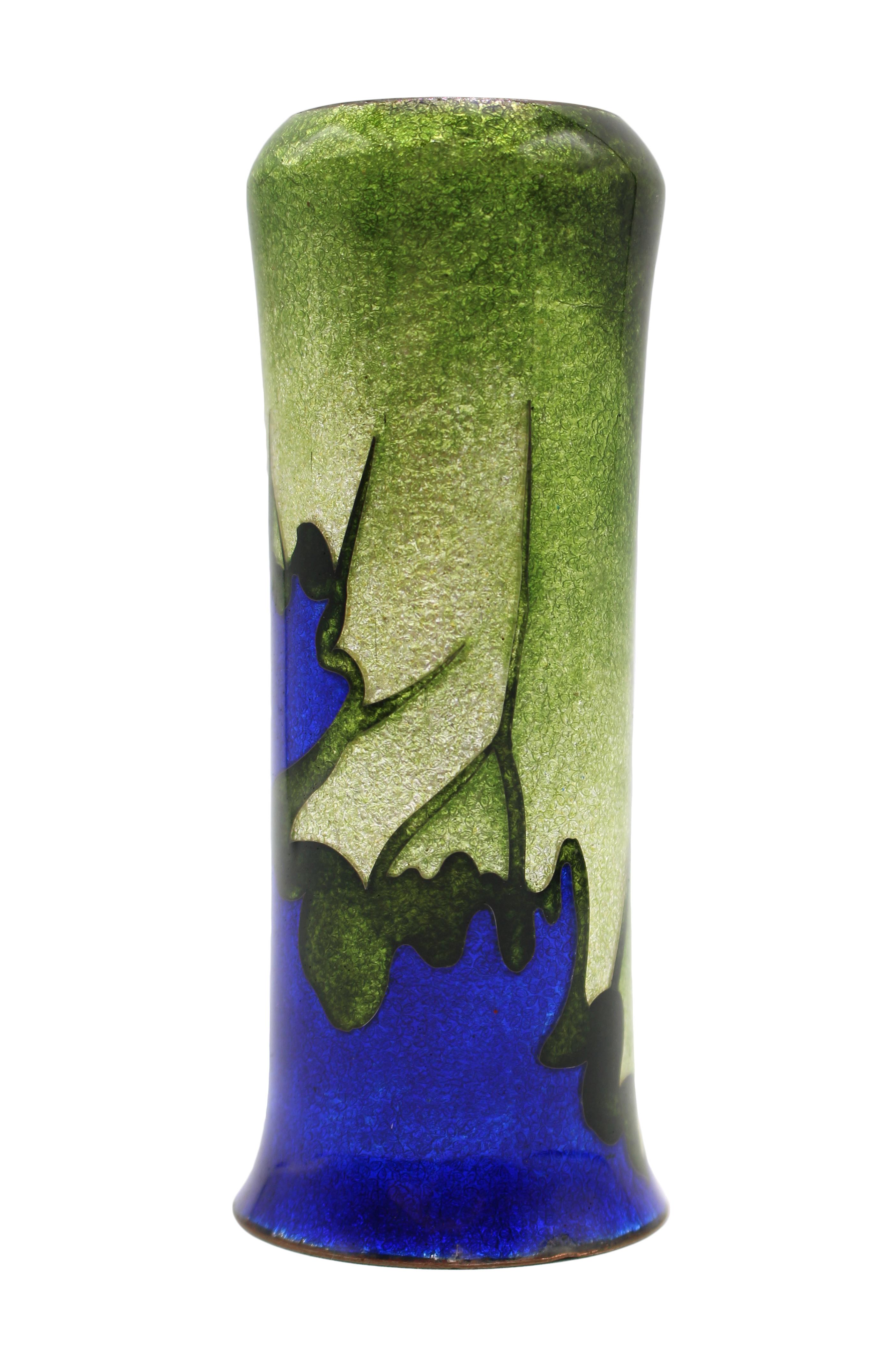 Circa 1890s Japanese Meiji period Ginbari cloisonné vase. A frog leaps across a green ground to create in our imaginations a deep blue splash of water. The historic spirit of Zen survives in an increasingly regimented Japanese world view in