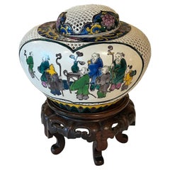 Meiji Period Japanese Kutani Censer Decorated with Figures In Exotic Landscape