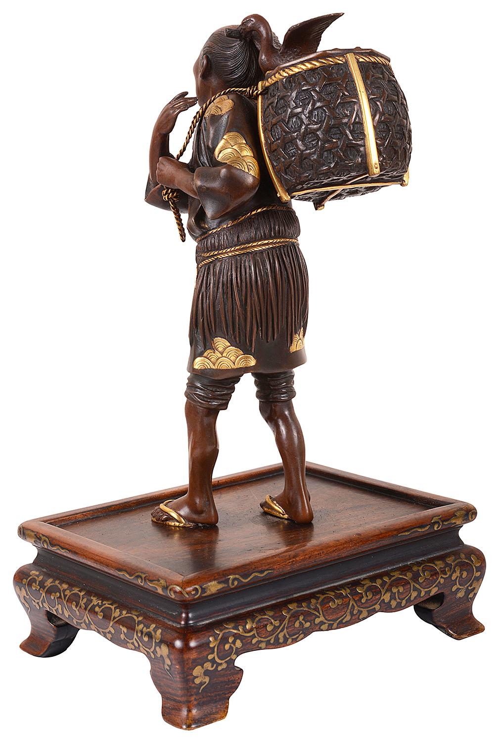 Meiji Period Japanese Miayo Bronze Figure Bird Catcher In Good Condition In Brighton, Sussex