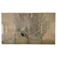 Meiji Period Japanese Peacock Four Hanging Panels