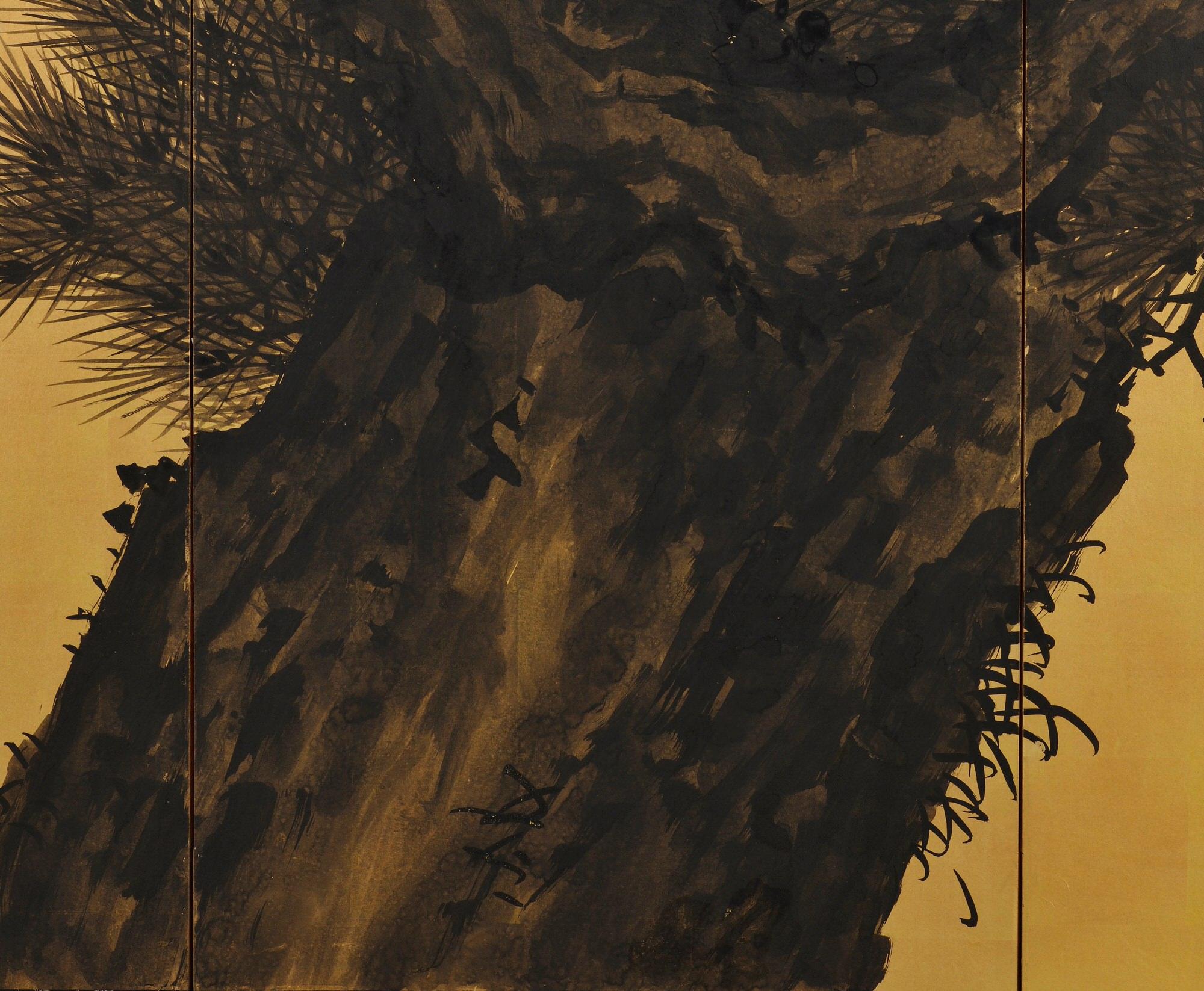 Meiji Period Japanese Pine and Plum Screens by Suzuki Shonen, Ink on Gold Leaf 5