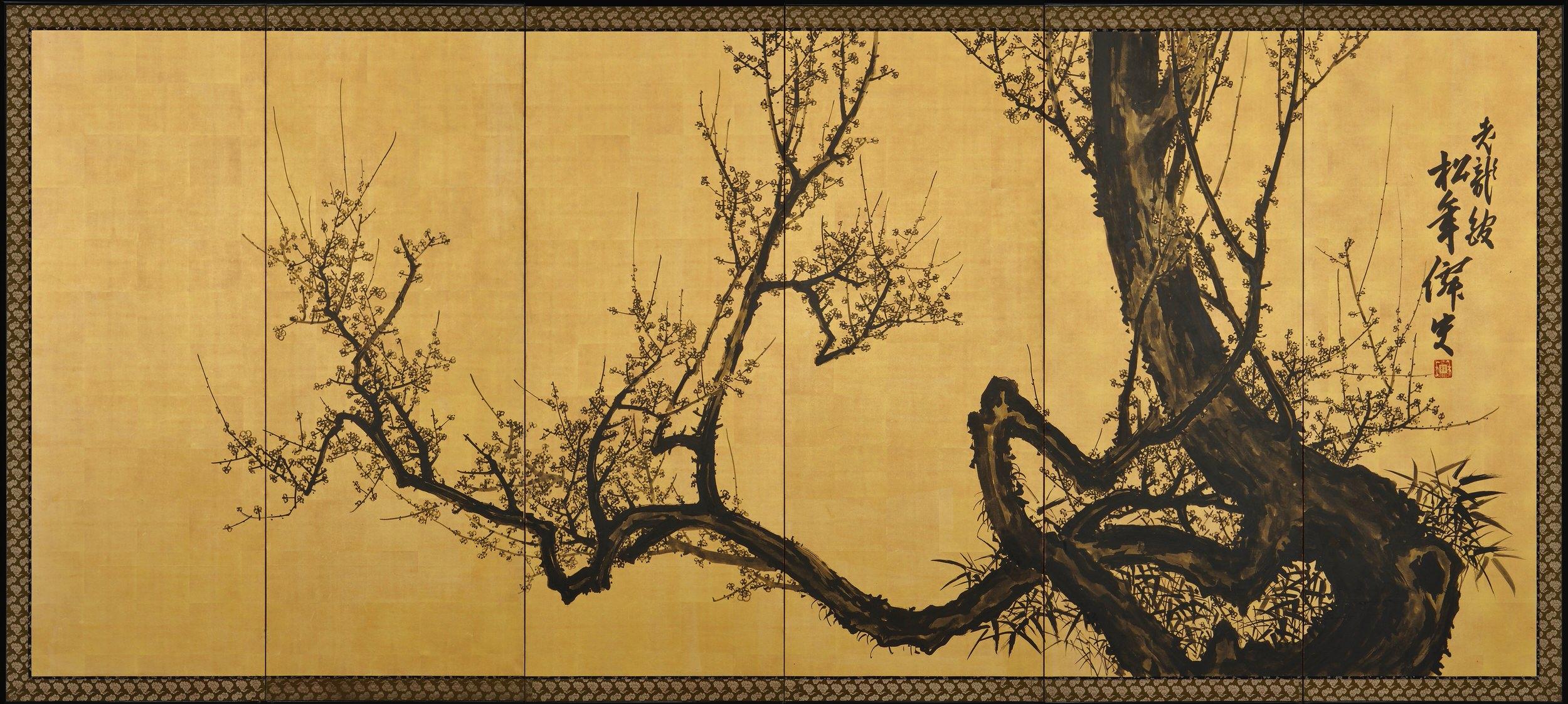 Suzuki Shonen (1848-1918)

Meiji period (1868-1912). Early 20th century.

Pair of six-fold screens. Ink and color on a gold leaf ground.

Signature: Shonen Senshi

Seal: Shonen

Dimensions:

Each: 372 cm x 171 cm  (146.5” x