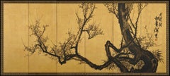 Meiji Period Japanese Pine and Plum Screens by Suzuki Shonen, Ink on Gold Leaf