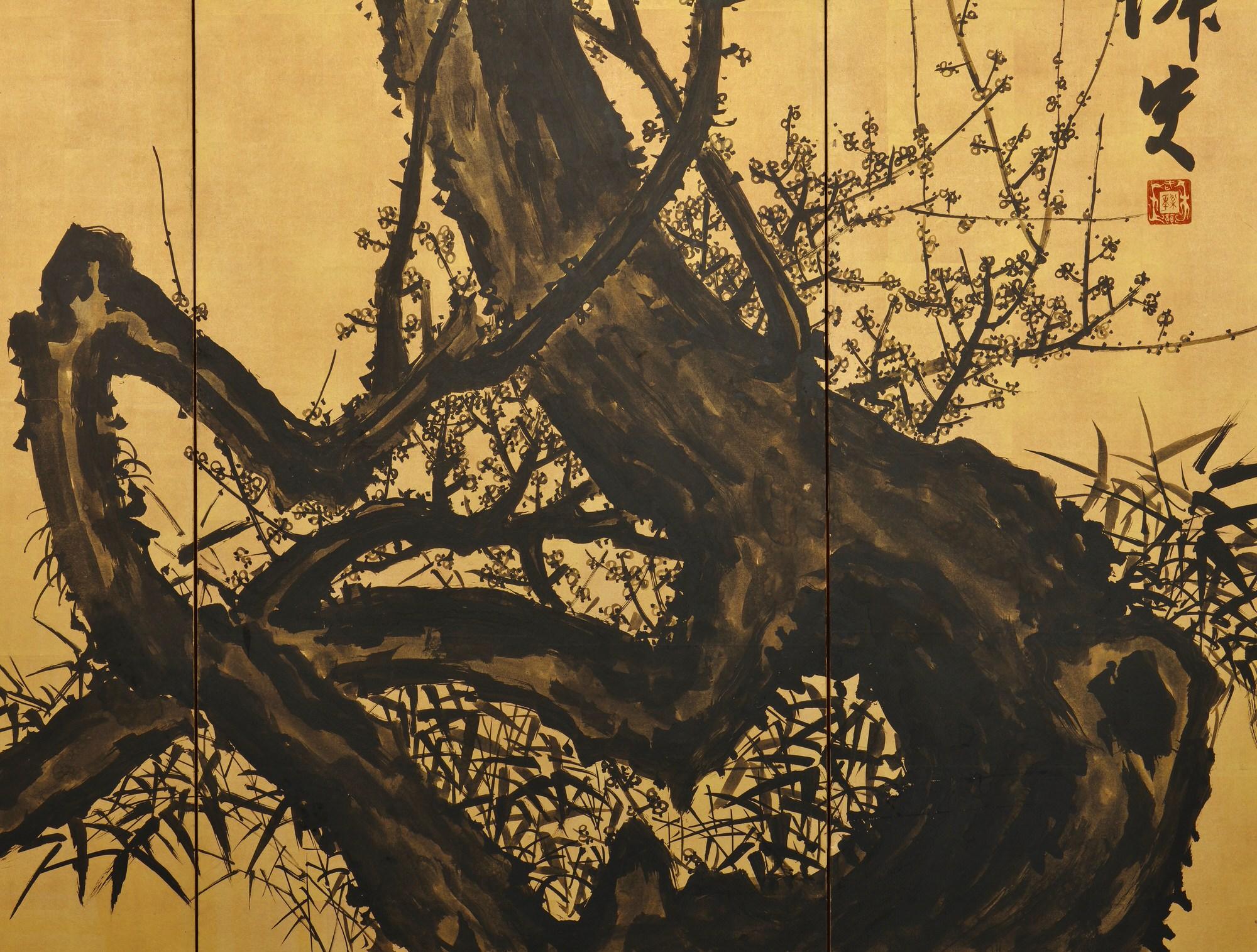 Hand-Painted Meiji Period Japanese Pine and Plum Screens by Suzuki Shonen, Ink on Gold Leaf