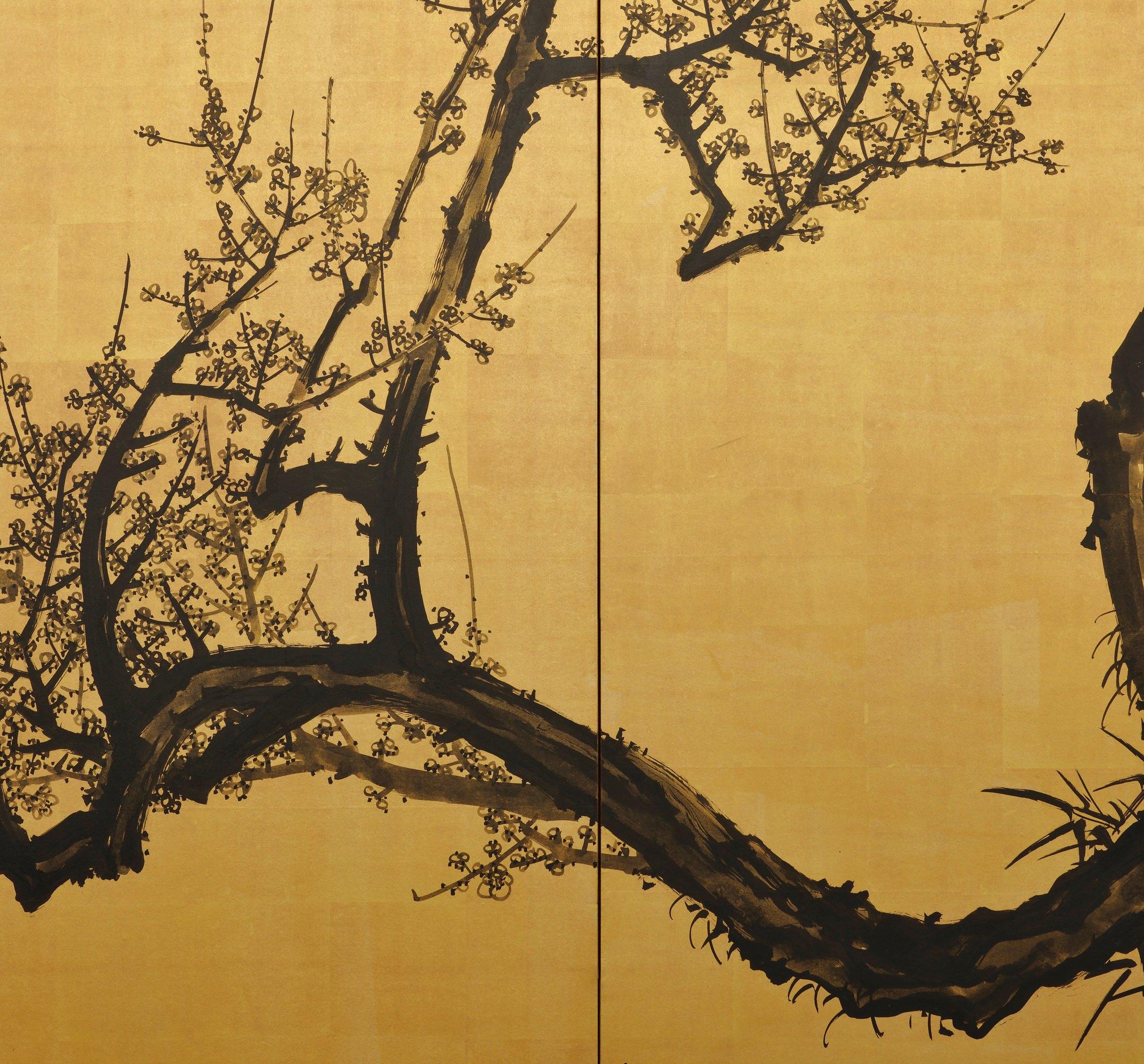 Meiji Period Japanese Pine and Plum Screens by Suzuki Shonen, Ink on Gold Leaf In Good Condition In Kyoto, JP