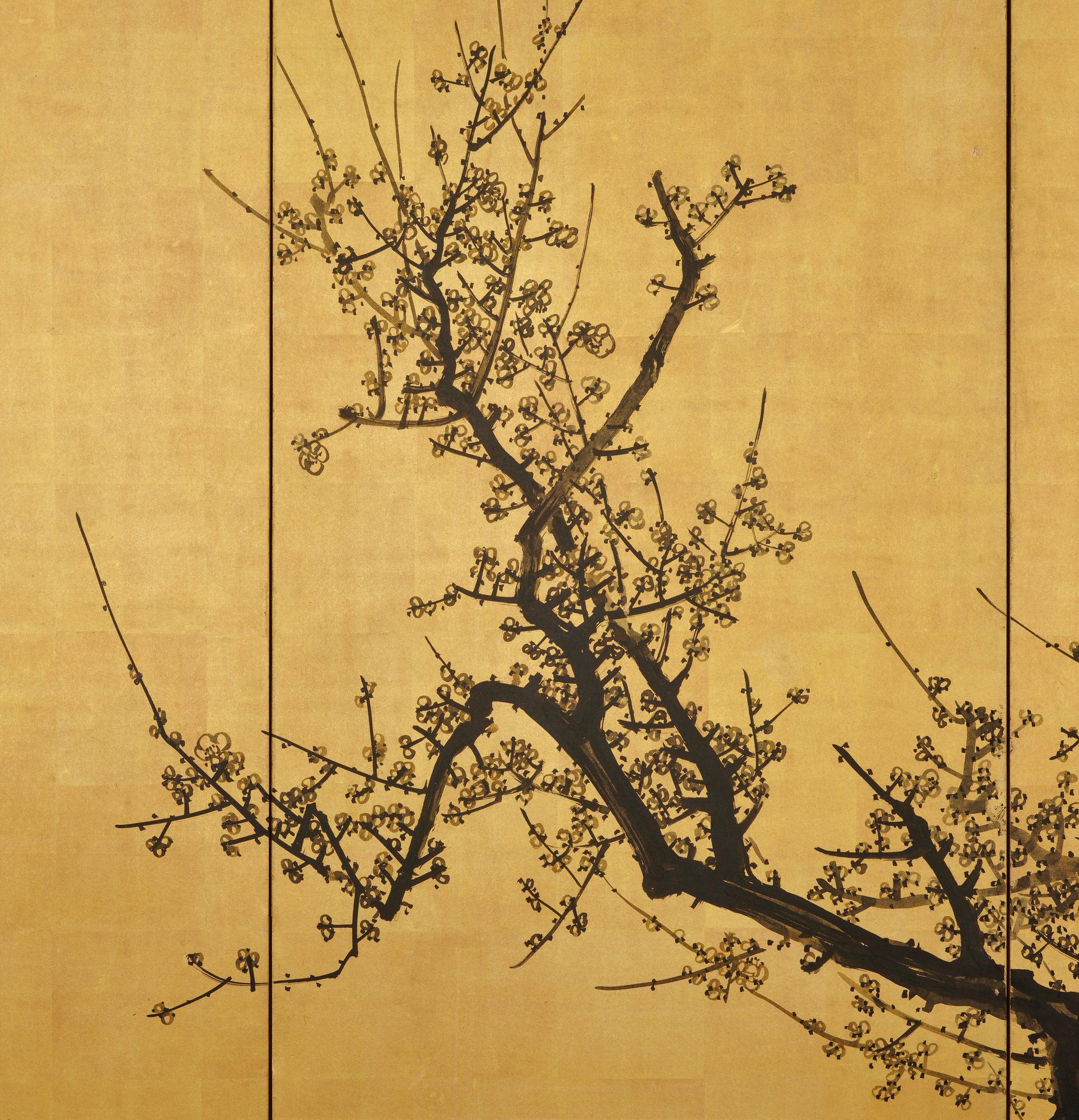 Early 20th Century Meiji Period Japanese Pine and Plum Screens by Suzuki Shonen, Ink on Gold Leaf