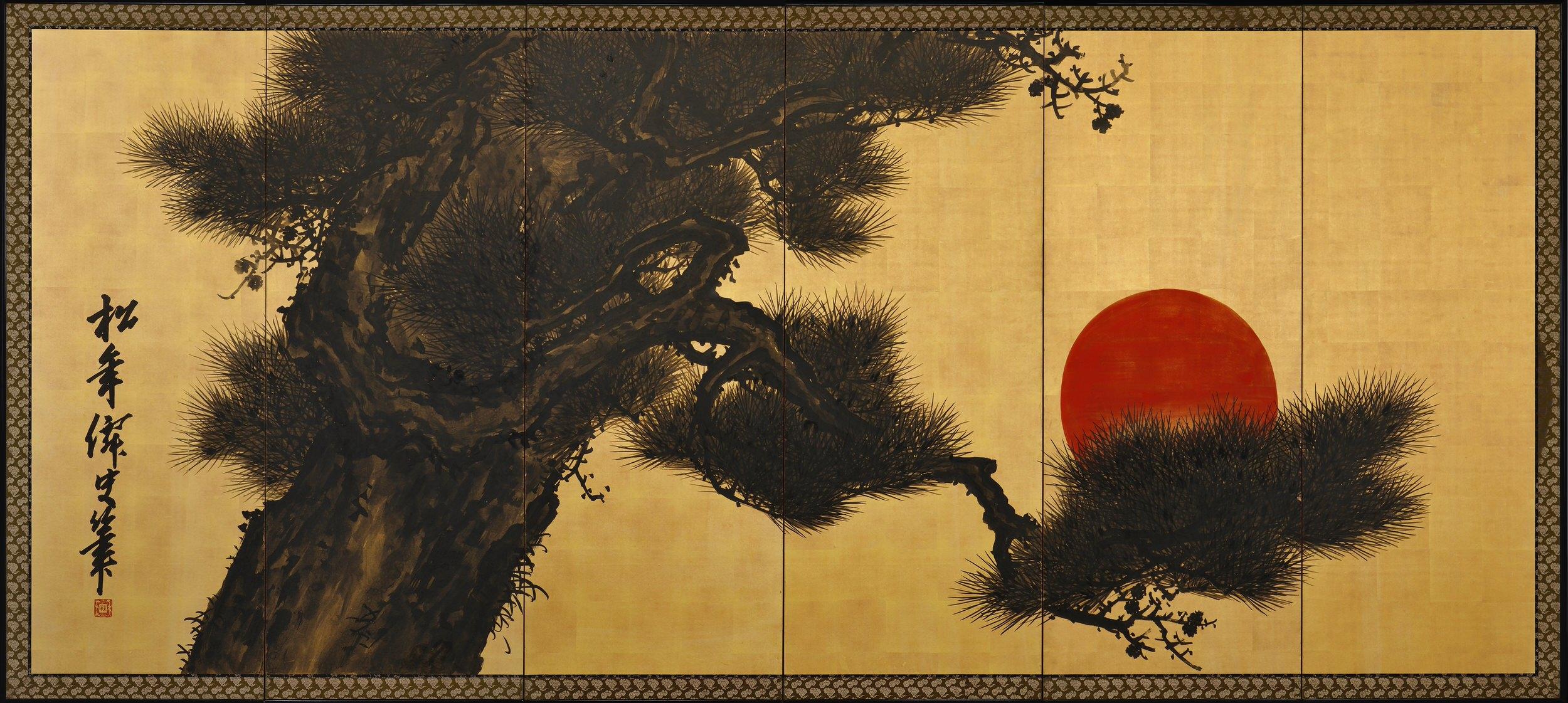 Meiji Period Japanese Pine and Plum Screens by Suzuki Shonen, Ink on Gold Leaf 2