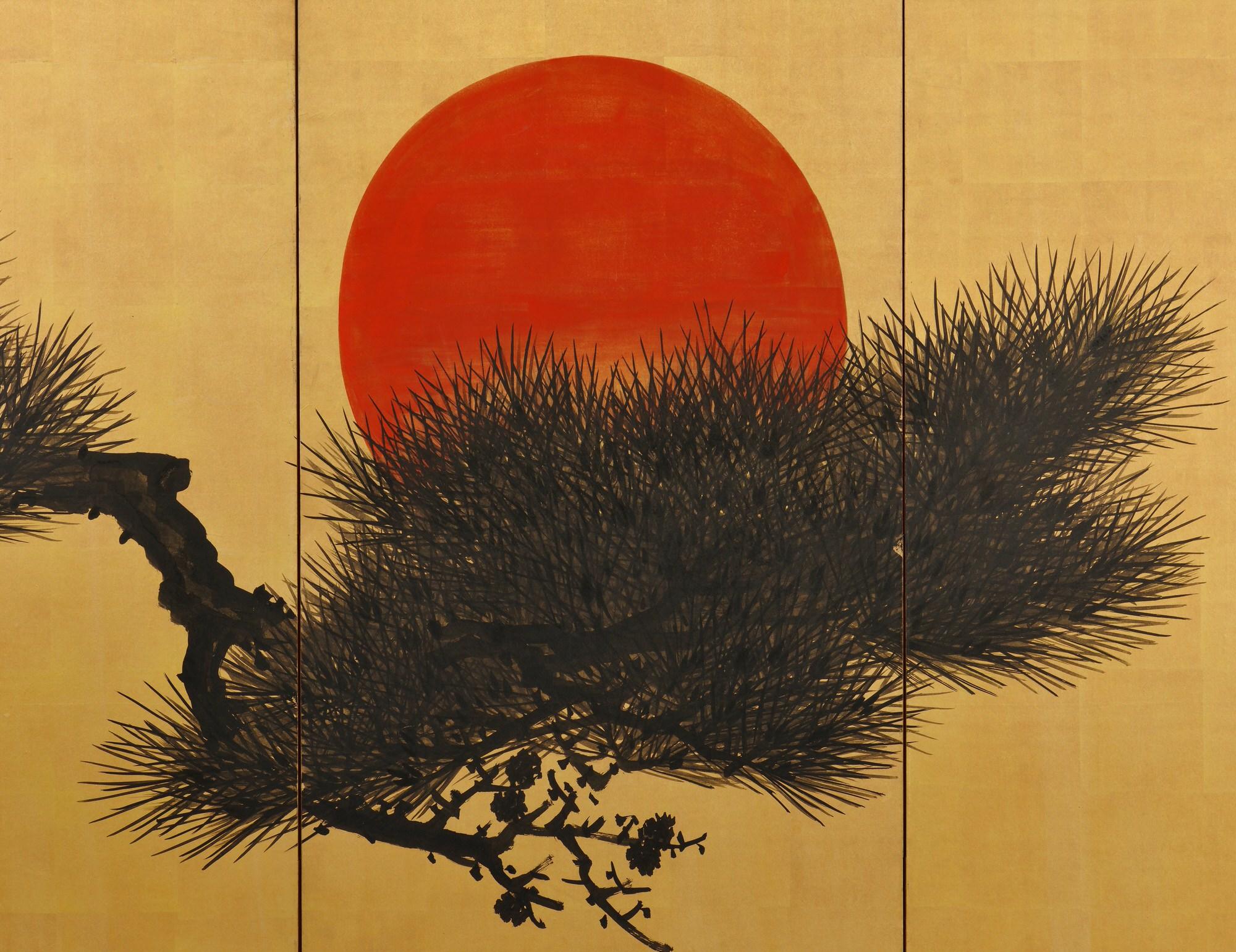 Meiji Period Japanese Pine and Plum Screens by Suzuki Shonen, Ink on Gold Leaf 3