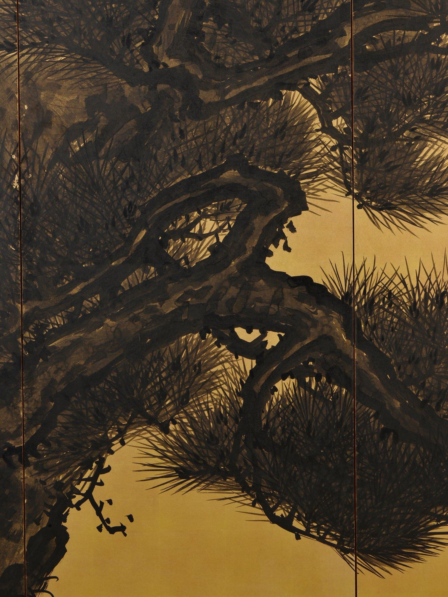 Meiji Period Japanese Pine and Plum Screens by Suzuki Shonen, Ink on Gold Leaf 4