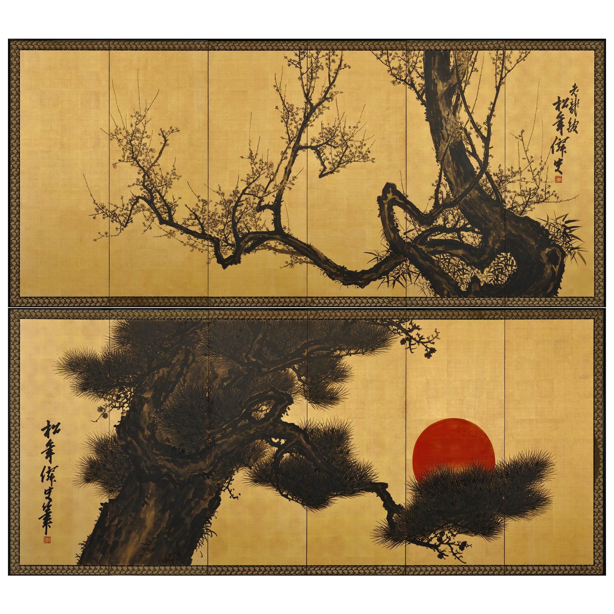 Meiji Period Japanese Pine and Plum Screens by Suzuki Shonen, Ink on Gold Leaf