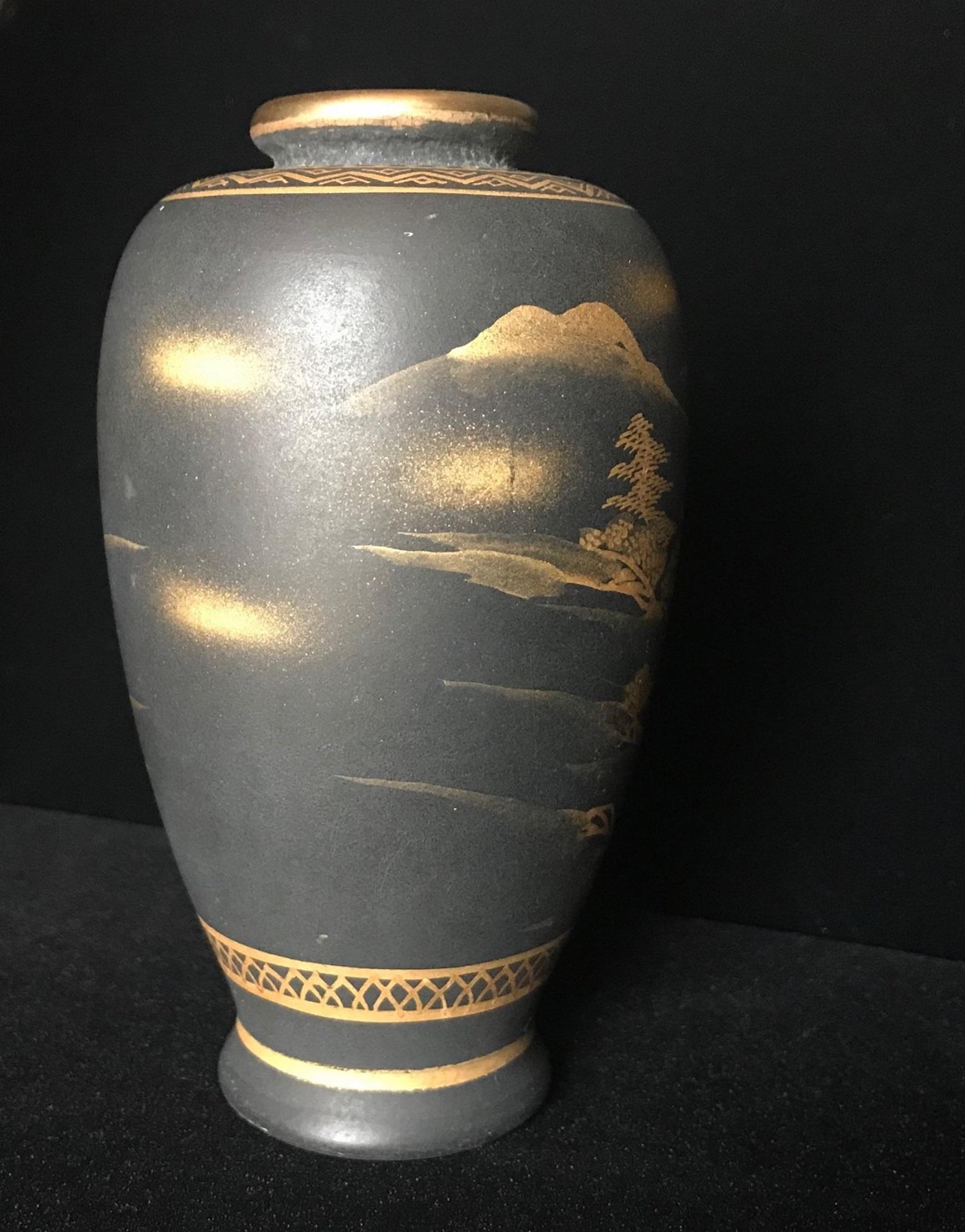 Hand-Painted Meiji Period Japanese Satsuma Signed Miniature Gold on Black Vase