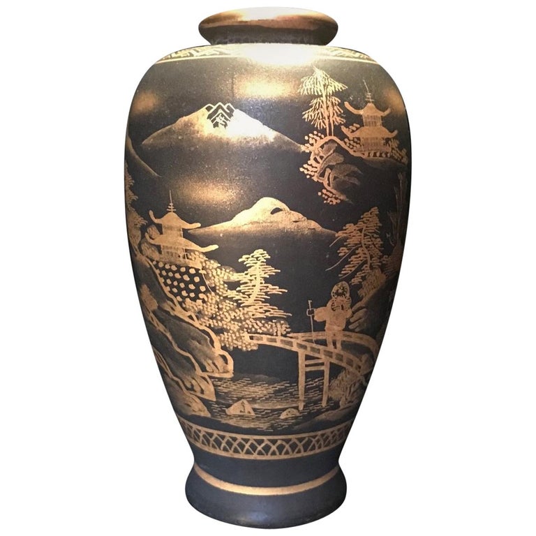 Meiji Period Japanese Satsuma Signed Miniature Gold on Black Vase at 1stDibs
