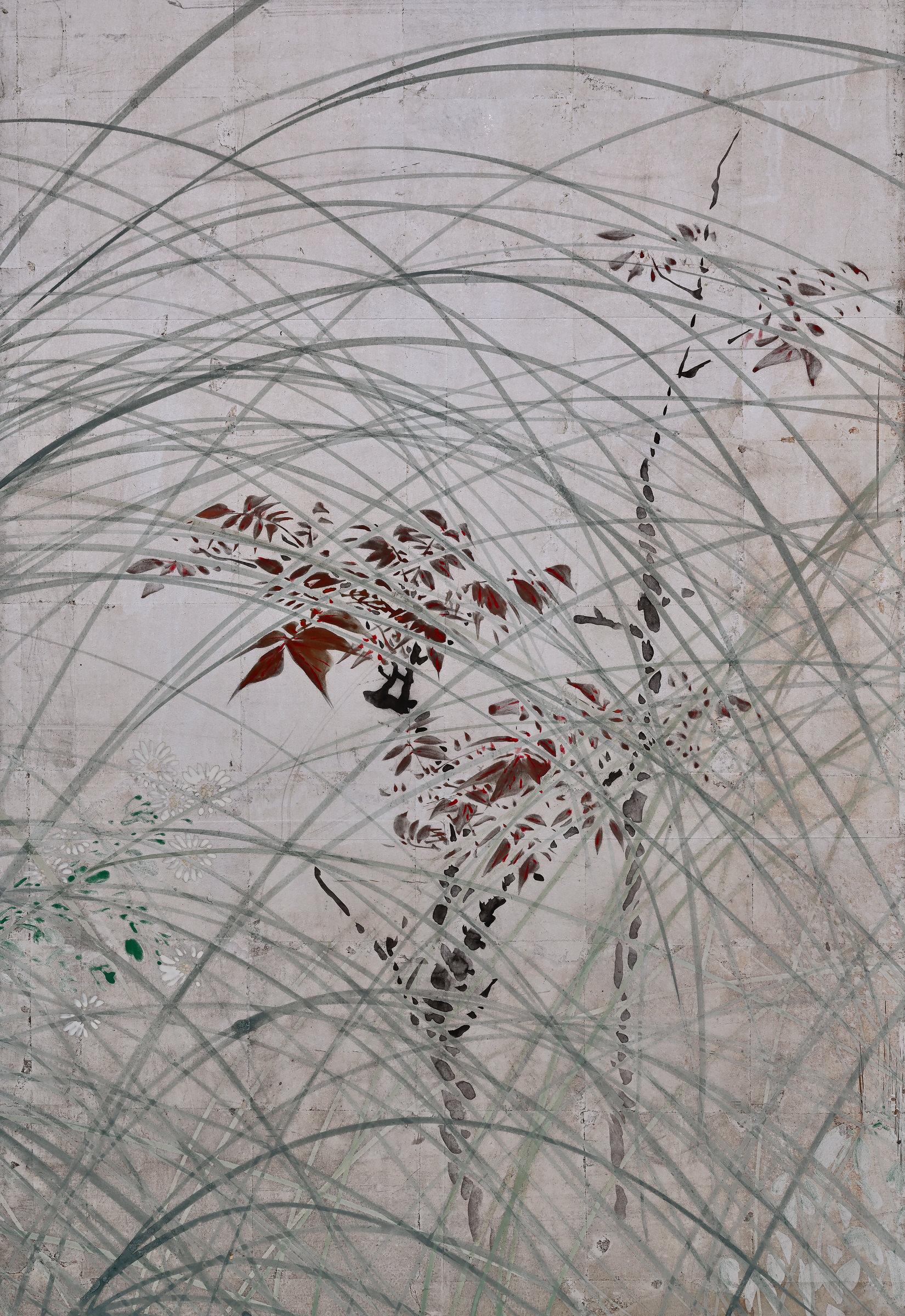 Meiji Period Japanese Screen, Autumn Grasses on Silver-Leaf 1