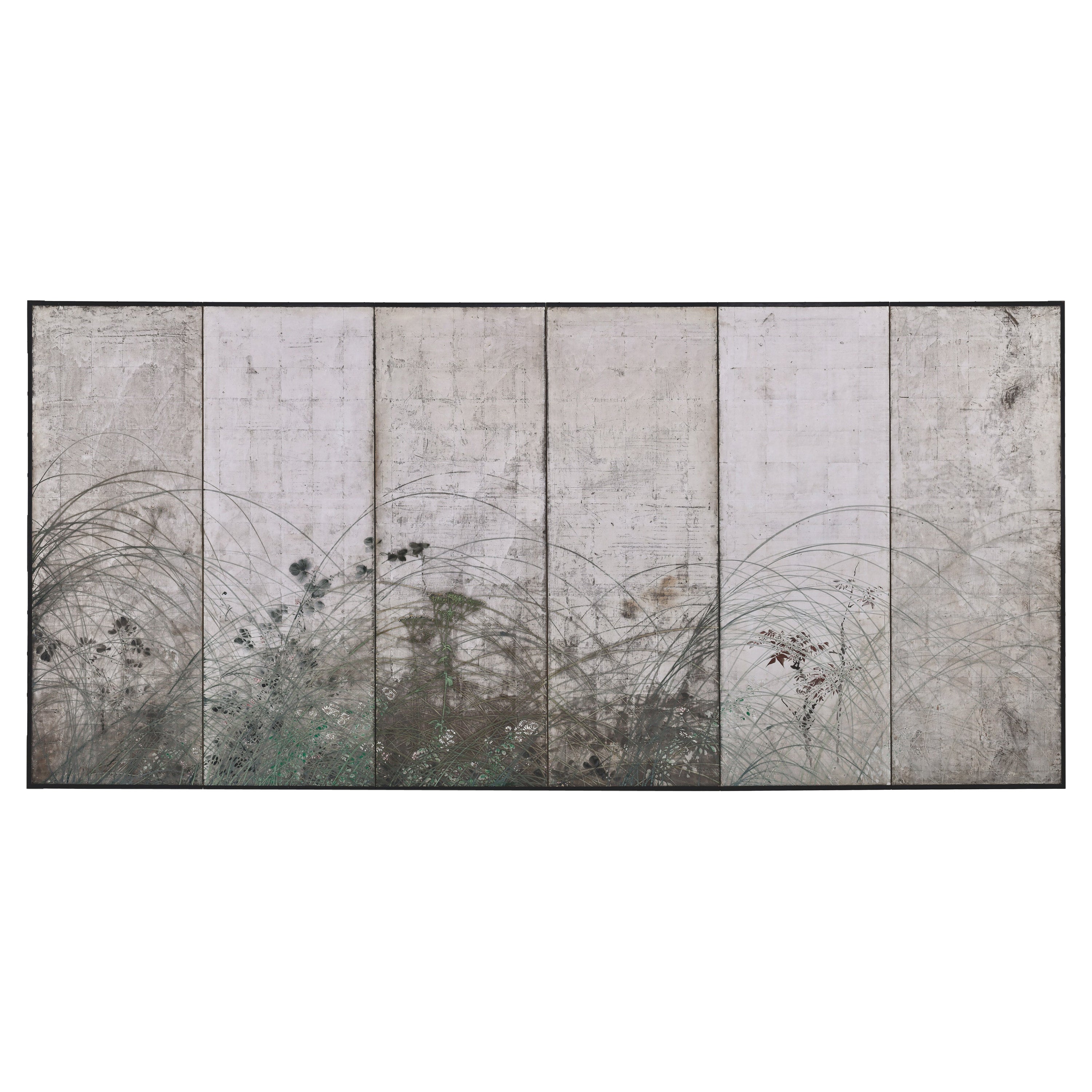 Meiji Period Japanese Screen, Autumn Grasses on Silver-Leaf