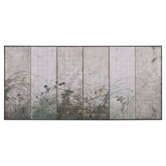 Meiji Period Japanese Screen, Autumn Grasses on Silver-Leaf
