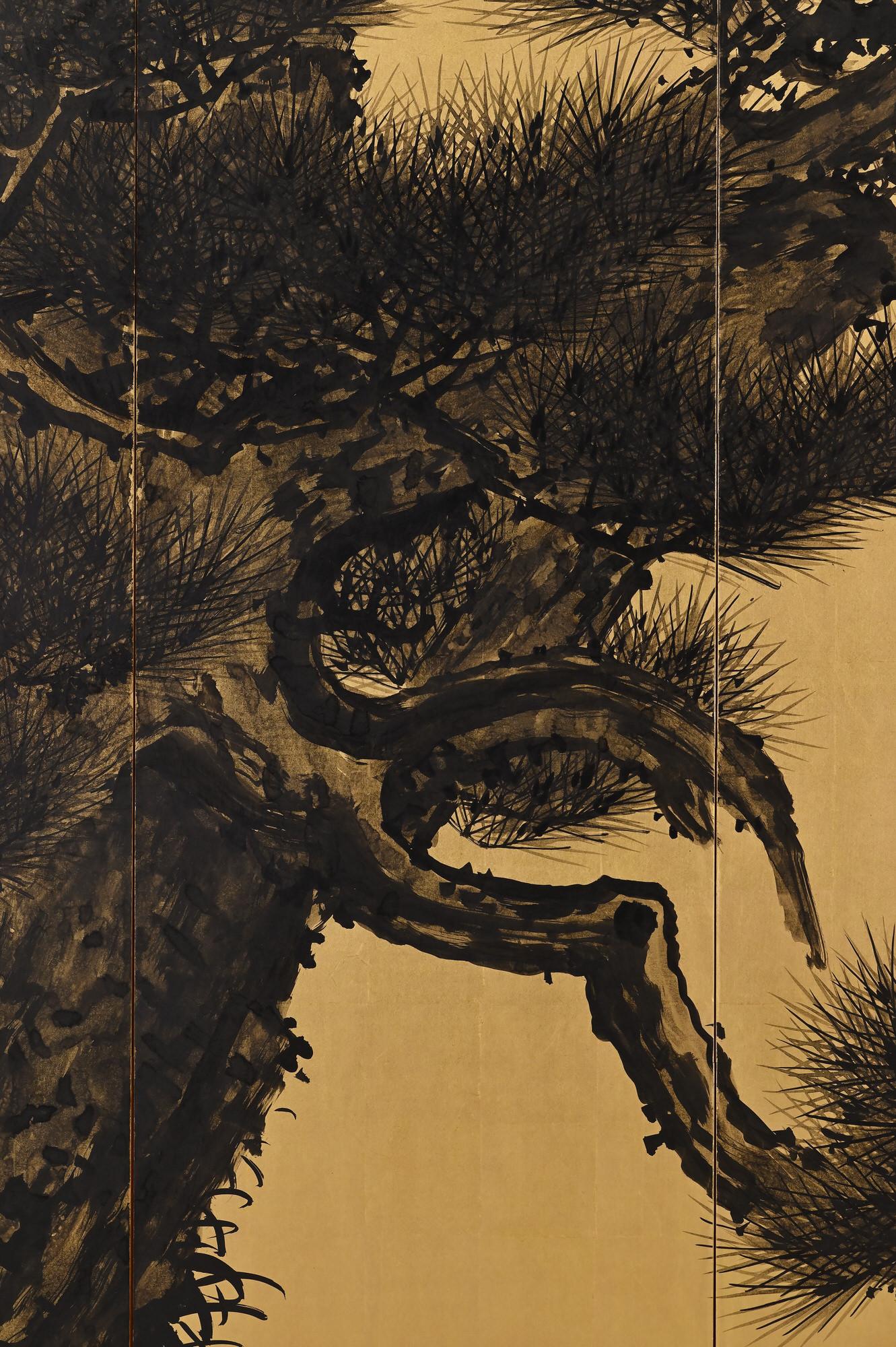 Hand-Painted Meiji Period Japanese Screen by Suzuki Shonen, Pine and Rising Sun