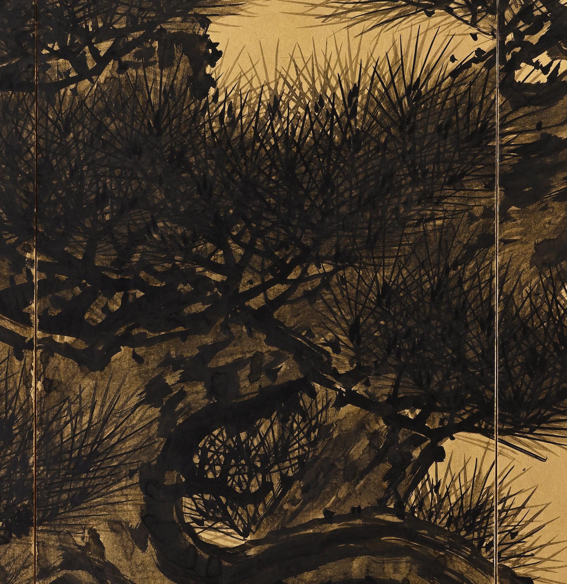 Meiji Period Japanese Screen by Suzuki Shonen, Pine and Rising Sun In Good Condition In Kyoto, JP