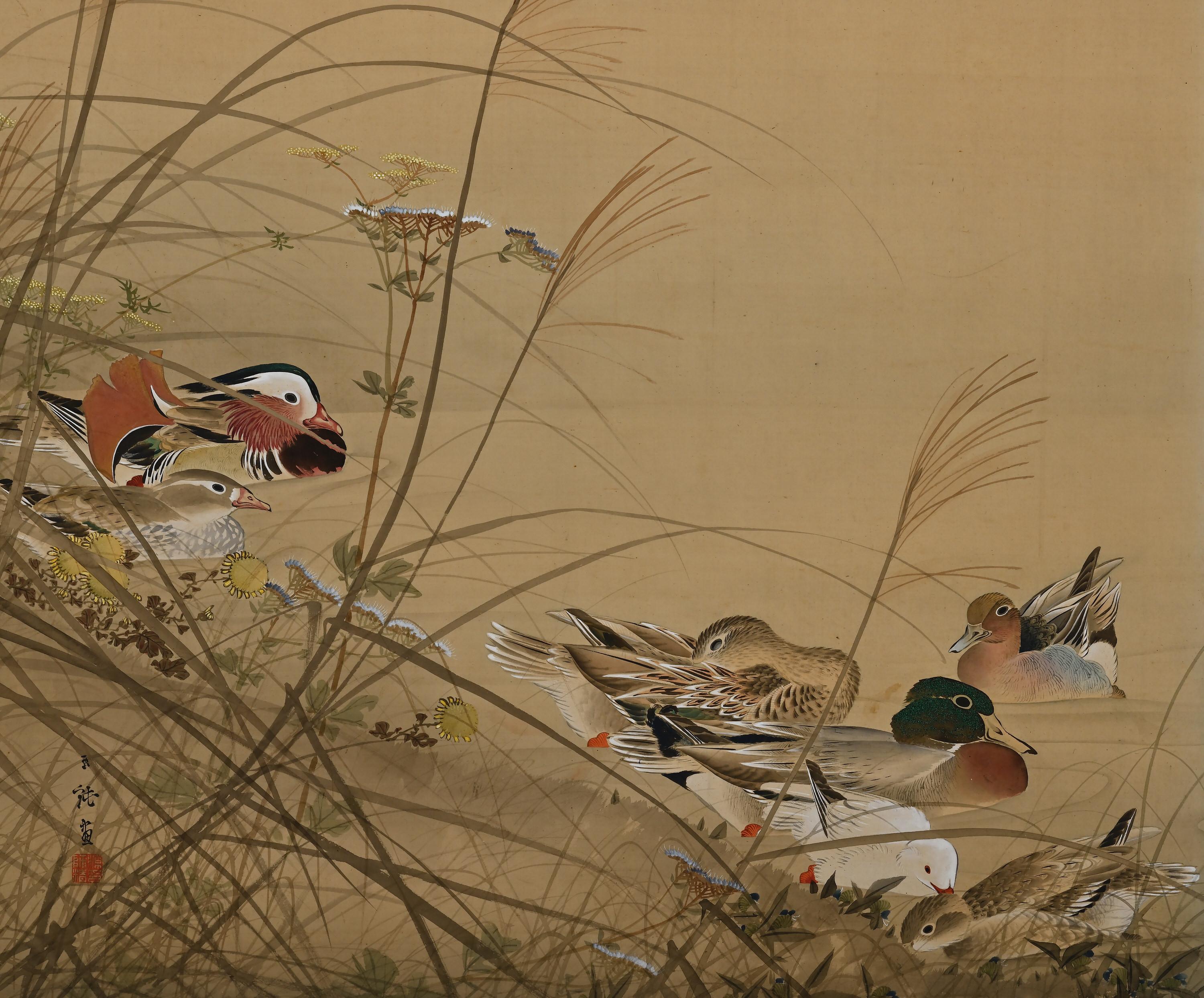 Meiji Period Japanese Screen Pair, One Hundred Birds by Hasegawa Gyokujun For Sale 4