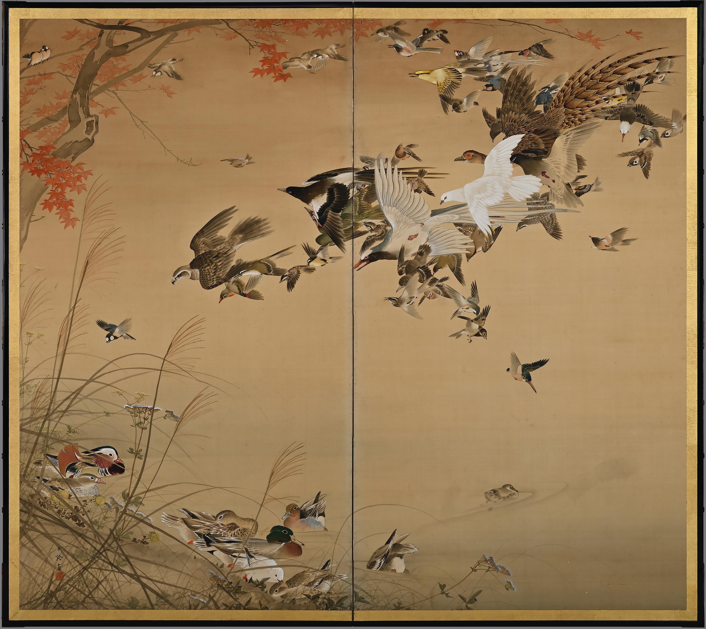 Japonais Paire d'écrans japonais de la période Meiji, « One Hundred Birds » par Hasegawa Gyokujun en vente
