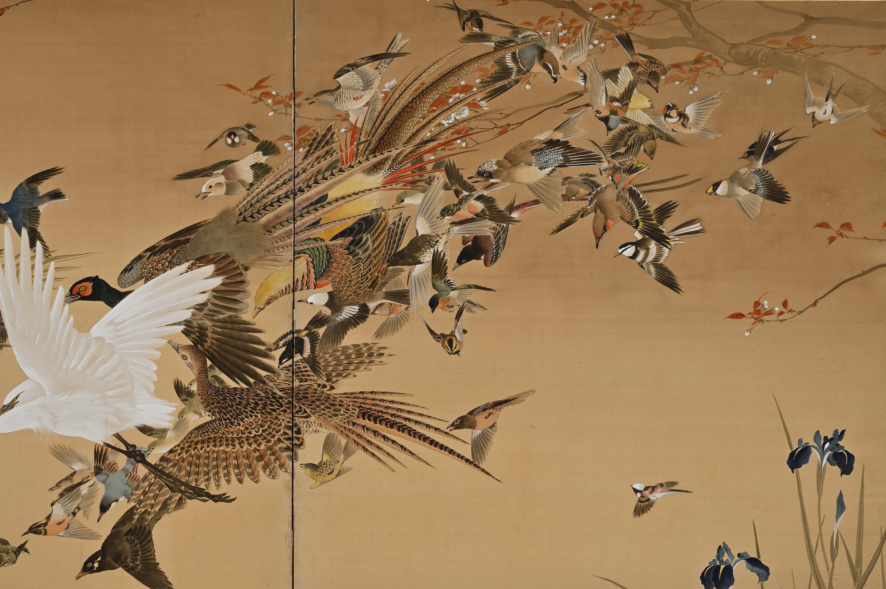 Hand-Painted Meiji Period Japanese Screen Pair, One Hundred Birds by Hasegawa Gyokujun For Sale