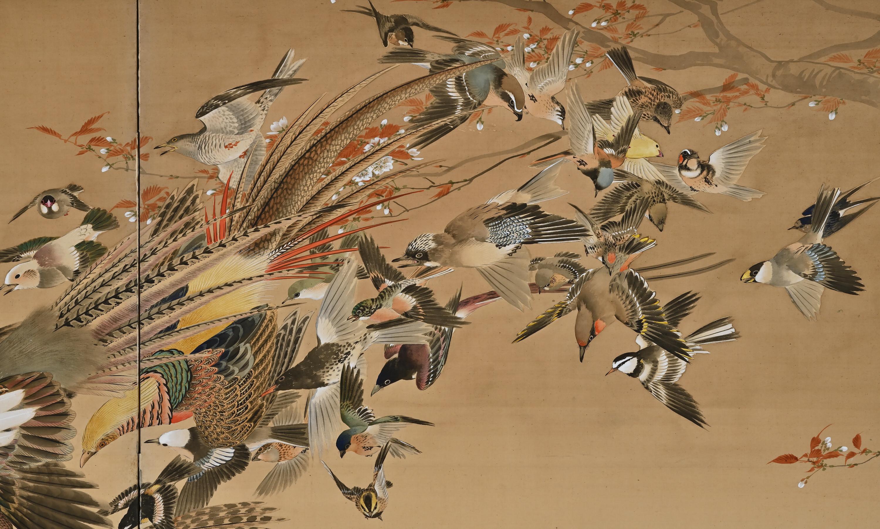Early 20th Century Meiji Period Japanese Screen Pair, One Hundred Birds by Hasegawa Gyokujun