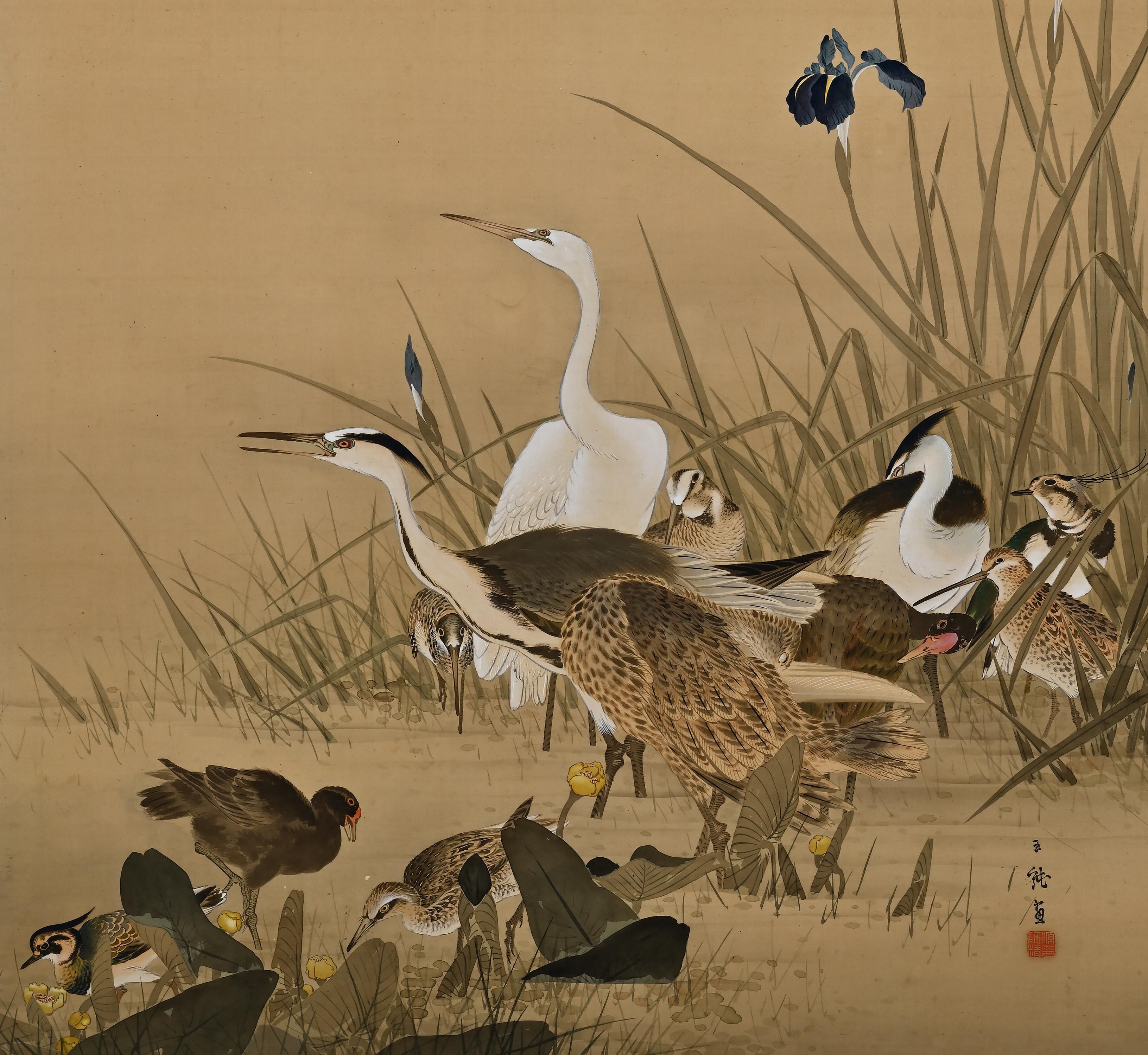 Soie Paire d'écrans japonais de la période Meiji, « One Hundred Birds » par Hasegawa Gyokujun en vente
