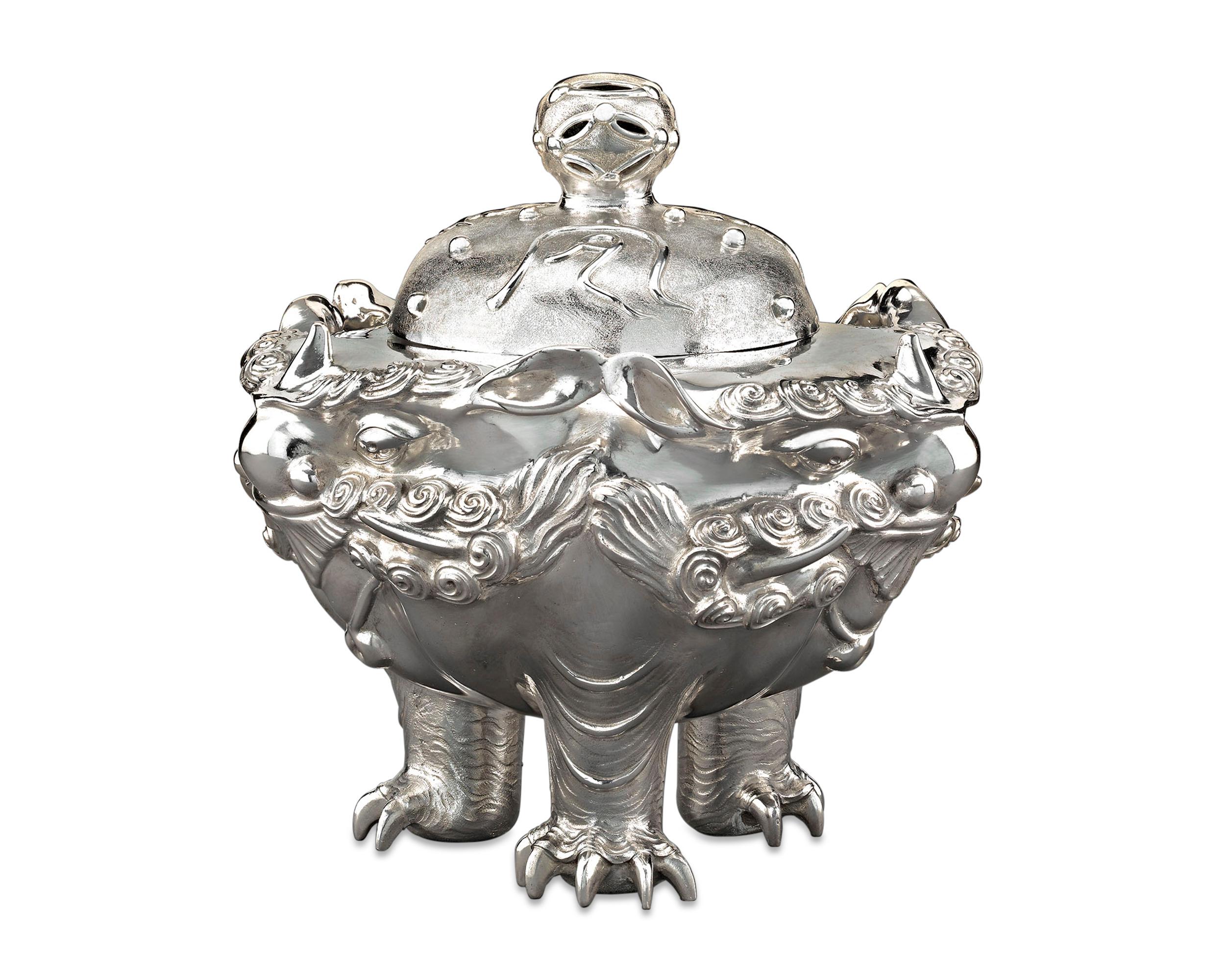 This stunning Meiji period silver censer is a work of exquisite detail. Crafted by renowned silversmith Masatoshi of Tokyo, the censer, or incense burner, is raised on three masterfully formed claw feet, which extend upwards and culminate in three