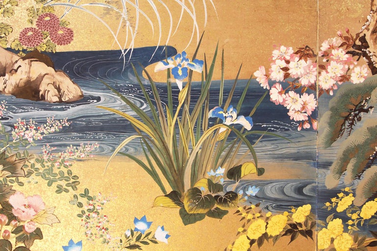 Meiji Period Japanese Two Panel Screen Painted on Rice Paper with Gold