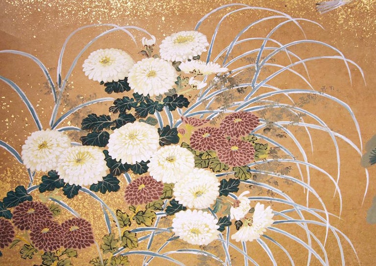 Meiji Period Japanese Two Panel Screen Painted on Rice Paper with Gold Grains at 1stDibs