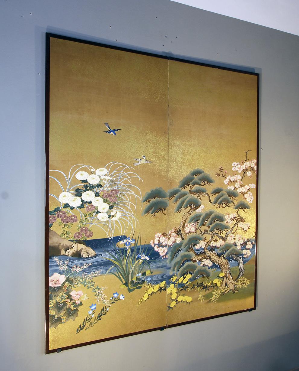 20th Century Meiji Period Japanese Two Panel Screen Painted on Rice Paper with Gold Grains