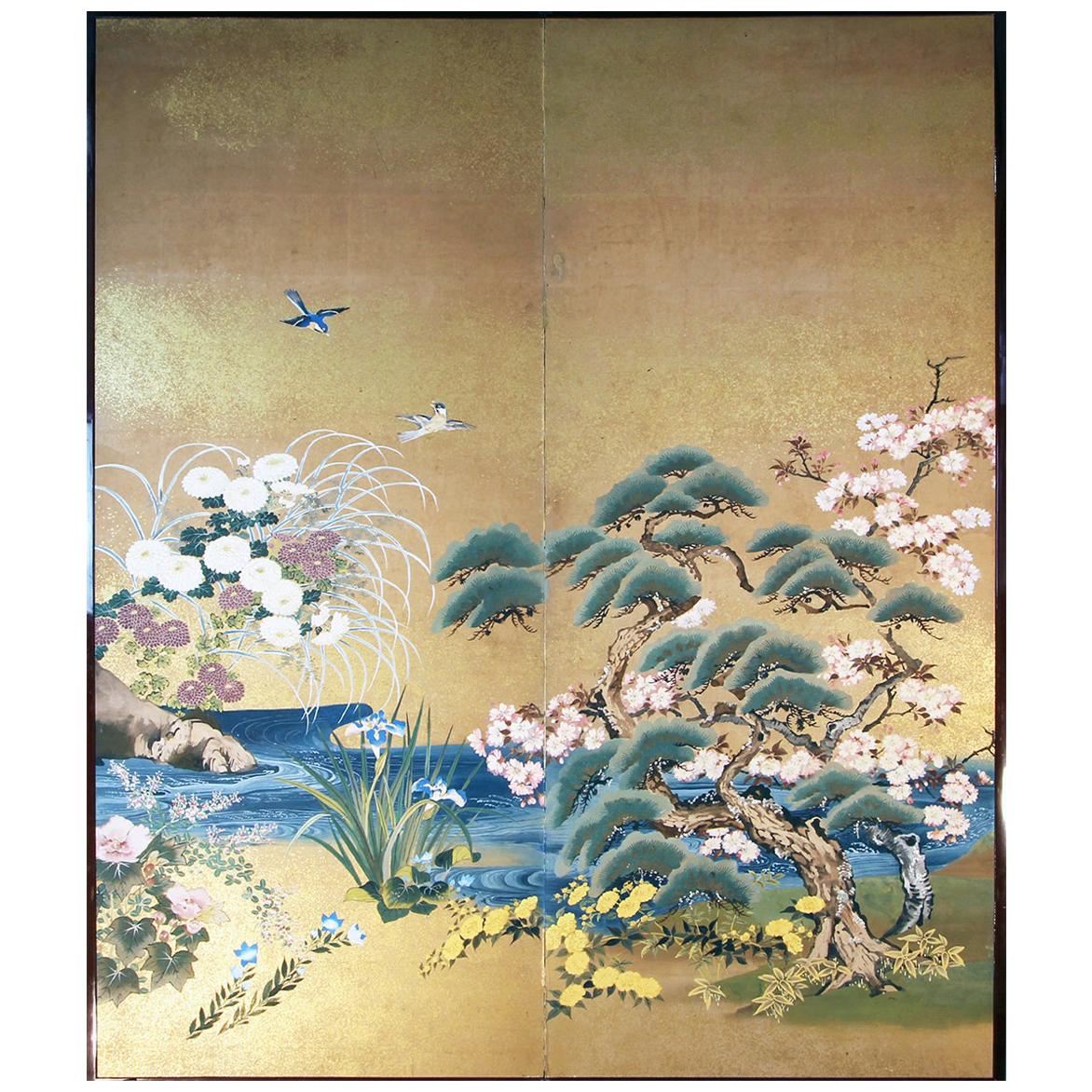 Meiji Period Japanese Two Panel Screen Painted on Rice Paper with Gold Grains