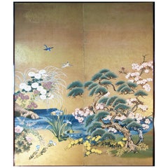 Meiji Period Japanese Two Panel Screen Painted on Rice Paper with Gold Grains