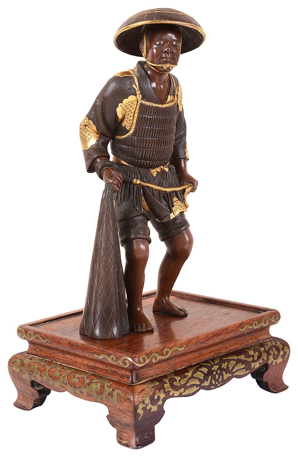 Meiji Period, Miyao Bronze Figure of a Fisherman In Good Condition For Sale In Brighton, Sussex