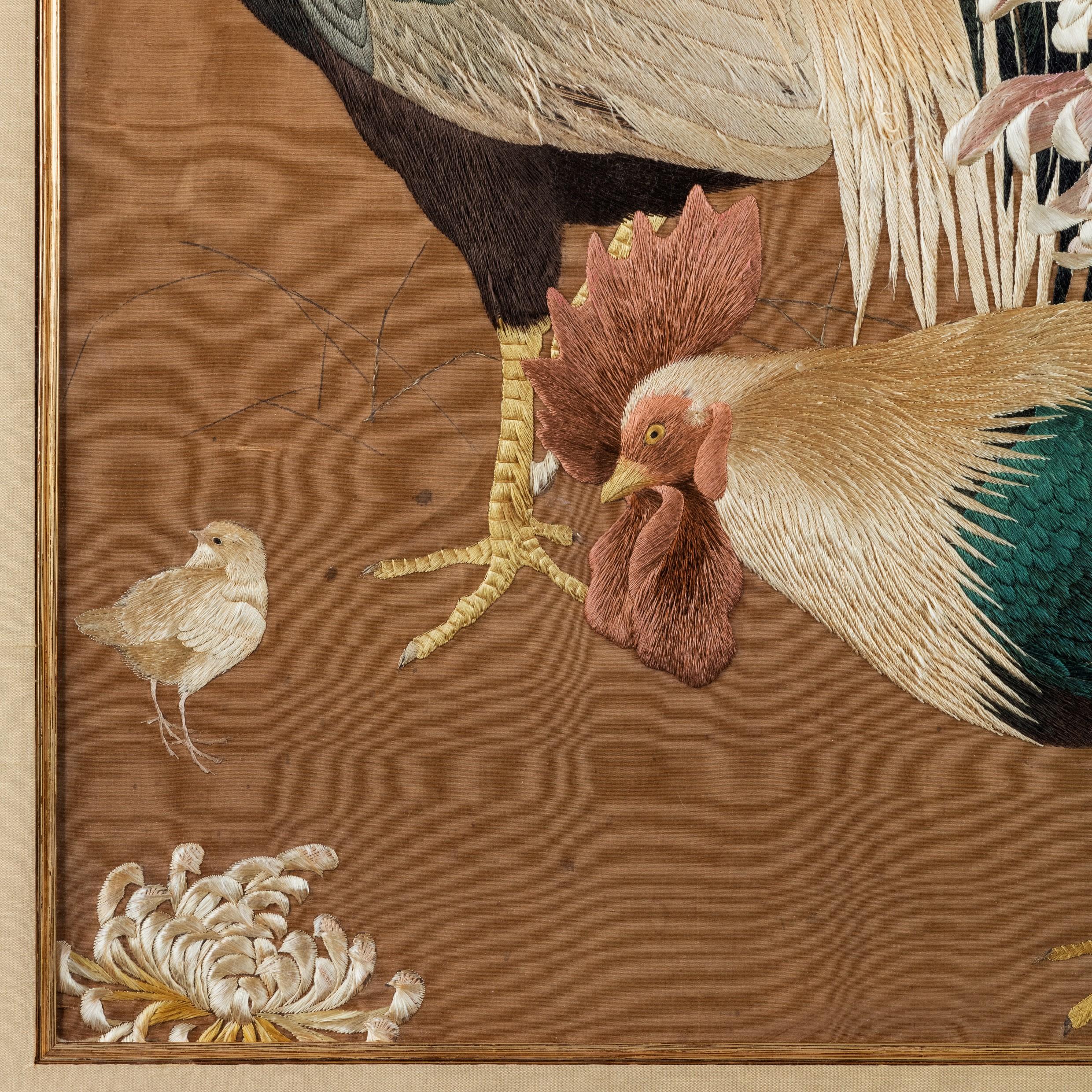 Japanese Meiji Period Needlework of Two Cockerels