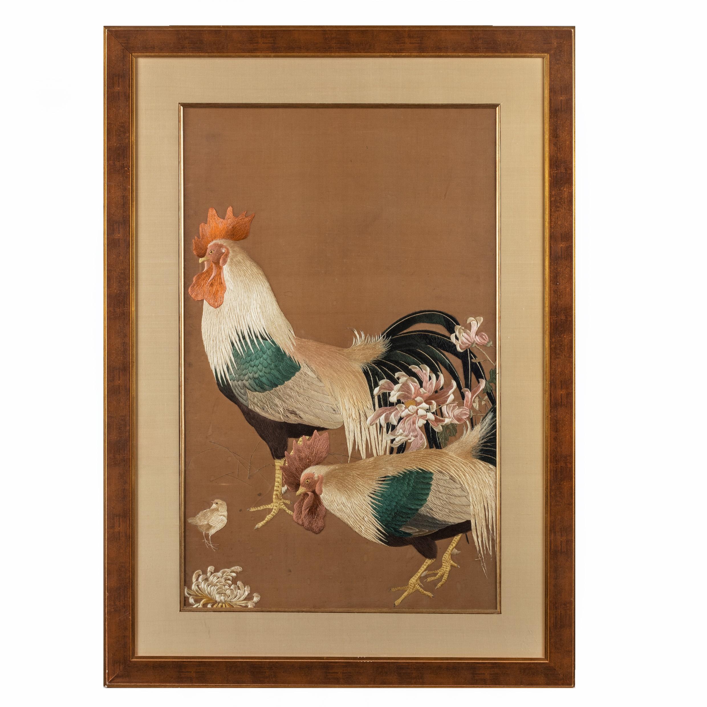 Meiji Period Needlework of Two Cockerels